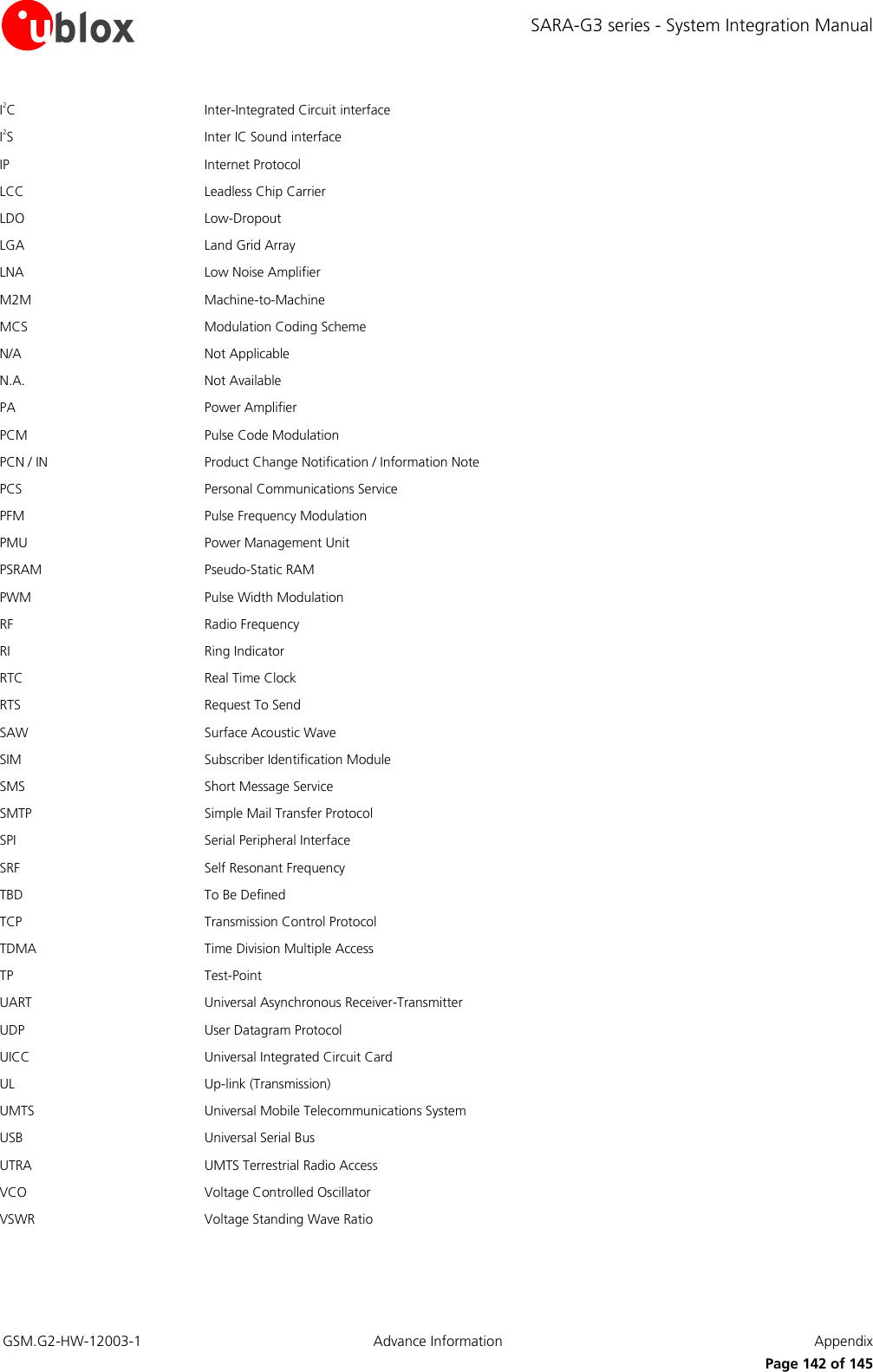 SARA-G3 series - System Integration Manual GSM.G2-HW-12003-1  Advance Information  Appendix      Page 142 of 145 I2C Inter-Integrated Circuit interface I2S Inter IC Sound interface IP Internet Protocol LCC Leadless Chip Carrier LDO Low-Dropout LGA Land Grid Array LNA Low Noise Amplifier M2M Machine-to-Machine MCS Modulation Coding Scheme  N/A Not Applicable N.A. Not Available PA Power Amplifier PCM Pulse Code Modulation PCN / IN Product Change Notification / Information Note PCS Personal Communications Service PFM Pulse Frequency Modulation PMU Power Management Unit PSRAM Pseudo-Static RAM PWM Pulse Width Modulation RF Radio Frequency RI Ring Indicator RTC Real Time Clock RTS Request To Send SAW Surface Acoustic Wave SIM Subscriber Identification Module SMS Short Message Service SMTP Simple Mail Transfer Protocol SPI Serial Peripheral Interface SRF Self Resonant Frequency TBD To Be Defined TCP Transmission Control Protocol TDMA Time Division Multiple Access  TP Test-Point UART Universal Asynchronous Receiver-Transmitter UDP User Datagram Protocol  UICC Universal Integrated Circuit Card UL Up-link (Transmission) UMTS Universal Mobile Telecommunications System USB Universal Serial Bus UTRA UMTS Terrestrial Radio Access  VCO Voltage Controlled Oscillator VSWR Voltage Standing Wave Ratio  