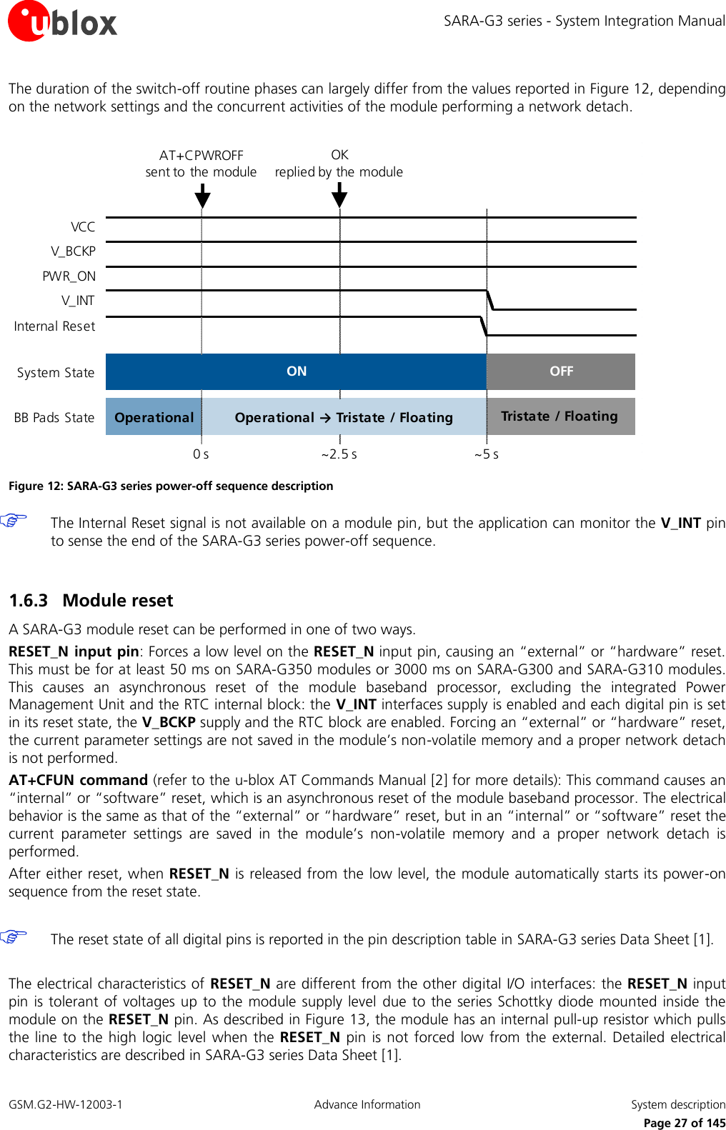 SARA-G3 series - System Integration Manual GSM.G2-HW-12003-1  Advance Information  System description     Page 27 of 145 The duration of the switch-off routine phases can largely differ from the values reported in Figure 12, depending on the network settings and the concurrent activities of the module performing a network detach.  VCCV_BCKPPWR_ONV_INTInternal ResetSystem StateBB Pads State OperationalOFFTristate / Floating ONOperational → Tristate / FloatingAT+CPWROFFsent to the module0 s~2.5 s~5 sOKreplied by the module Figure 12: SARA-G3 series power-off sequence description   The Internal Reset signal is not available on a module pin, but the application can monitor the V_INT pin to sense the end of the SARA-G3 series power-off sequence.  1.6.3 Module reset A SARA-G3 module reset can be performed in one of two ways. RESET_N input pin: Forces a low level on the RESET_N input pin, causing an “external” or “hardware” reset. This must be for at least 50 ms on SARA-G350 modules or 3000 ms on SARA-G300 and SARA-G310 modules. This  causes  an  asynchronous  reset  of  the  module  baseband  processor,  excluding  the  integrated  Power Management Unit and the RTC internal block: the V_INT interfaces supply is enabled and each digital pin is set in its reset state, the V_BCKP supply and the RTC block are enabled. Forcing an “external” or “hardware” reset, the current parameter settings are not saved in the module’s non-volatile memory and a proper network detach is not performed. AT+CFUN command (refer to the u-blox AT Commands Manual [2] for more details): This command causes an “internal” or “software” reset, which is an asynchronous reset of the module baseband processor. The electrical behavior is the same as that of the “external” or “hardware” reset, but in an “internal” or “software” reset the current  parameter  settings  are  saved  in  the  module’s  non-volatile  memory  and  a  proper  network  detach  is performed. After either reset, when RESET_N is released from the low level, the module automatically starts its power-on sequence from the reset state.   The reset state of all digital pins is reported in the pin description table in SARA-G3 series Data Sheet [1].  The electrical characteristics of RESET_N are different from the other digital I/O interfaces: the RESET_N input pin is tolerant  of  voltages up to the  module supply level due to the  series  Schottky diode  mounted inside  the module on the RESET_N pin. As described in Figure 13, the module has an internal pull-up resistor which pulls the line to the high  logic level  when the  RESET_N  pin  is  not forced low  from the  external. Detailed  electrical characteristics are described in SARA-G3 series Data Sheet [1]. 