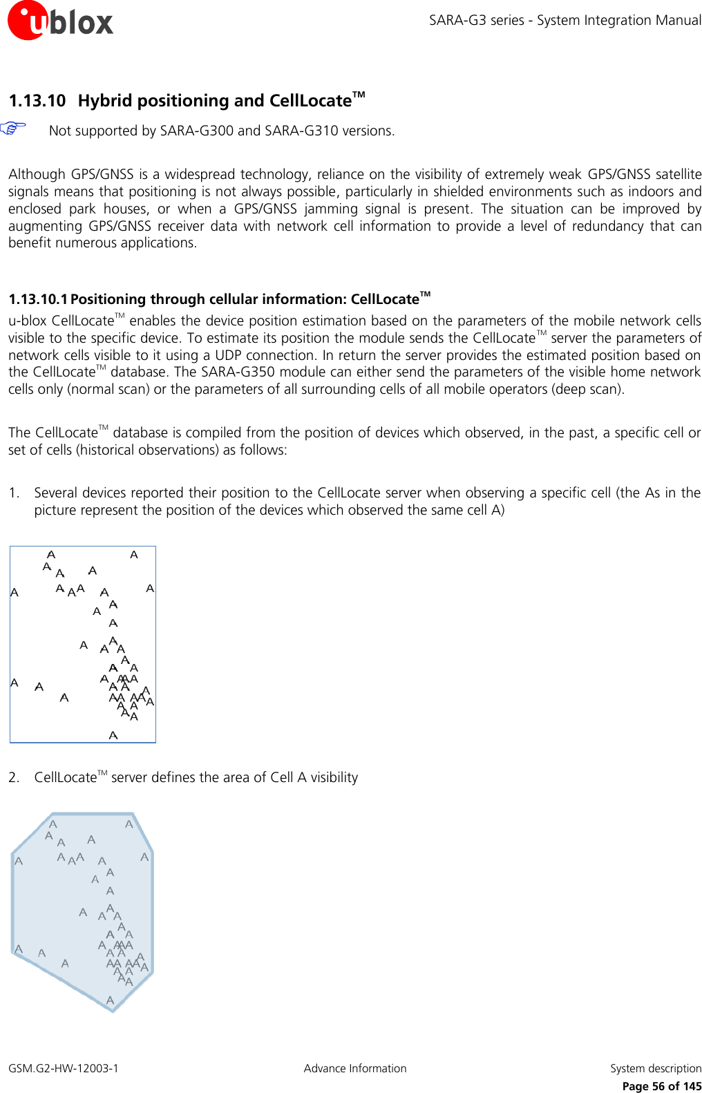 SARA-G3 series - System Integration Manual GSM.G2-HW-12003-1  Advance Information  System description     Page 56 of 145 1.13.10 Hybrid positioning and CellLocateTM   Not supported by SARA-G300 and SARA-G310 versions.  Although GPS/GNSS is a widespread technology, reliance on the visibility of extremely weak  GPS/GNSS satellite signals means that positioning is not always possible, particularly in shielded environments such as indoors and enclosed  park  houses,  or  when  a  GPS/GNSS  jamming  signal  is  present.  The  situation  can  be  improved  by augmenting  GPS/GNSS  receiver  data  with  network  cell  information  to  provide  a  level  of  redundancy  that  can benefit numerous applications.  1.13.10.1 Positioning through cellular information: CellLocateTM u-blox CellLocateTM enables the device position estimation based on the parameters of the mobile network cells visible to the specific device. To estimate its position the module sends the CellLocateTM server the parameters of network cells visible to it using a UDP connection. In return the server provides the estimated position based on the CellLocateTM database. The SARA-G350 module can either send the parameters of the visible home network cells only (normal scan) or the parameters of all surrounding cells of all mobile operators (deep scan).  The CellLocateTM database is compiled from the position of devices which observed, in the past, a specific cell or set of cells (historical observations) as follows:  1. Several devices reported their position to the CellLocate server when observing a specific cell (the As in the picture represent the position of the devices which observed the same cell A)    2. CellLocateTM server defines the area of Cell A visibility   