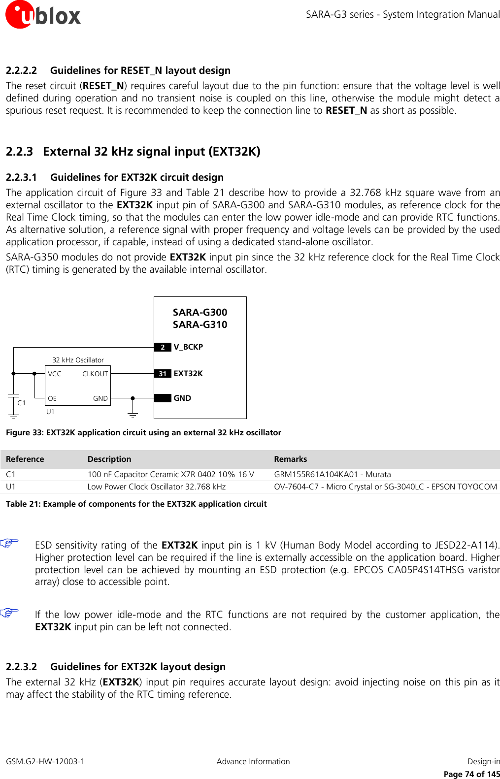SARA-G3 series - System Integration Manual GSM.G2-HW-12003-1  Advance Information  Design-in     Page 74 of 145 2.2.2.2 Guidelines for RESET_N layout design The reset circuit (RESET_N) requires careful layout due to the pin function: ensure that the voltage level is well defined during  operation and no  transient noise  is coupled on  this line,  otherwise  the  module might  detect a spurious reset request. It is recommended to keep the connection line to RESET_N as short as possible.  2.2.3 External 32 kHz signal input (EXT32K) 2.2.3.1 Guidelines for EXT32K circuit design The application circuit of  Figure 33 and Table 21 describe how to provide a 32.768 kHz square wave from an external oscillator to the EXT32K input pin of SARA-G300 and SARA-G310 modules, as reference clock for the Real Time Clock timing, so that the modules can enter the low power idle-mode and can provide RTC functions. As alternative solution, a reference signal with proper frequency and voltage levels can be provided by the used application processor, if capable, instead of using a dedicated stand-alone oscillator. SARA-G350 modules do not provide EXT32K input pin since the 32 kHz reference clock for the Real Time Clock (RTC) timing is generated by the available internal oscillator.  2V_BCKPGNDSARA-G300 SARA-G31031 EXT32K32 kHz OscillatorGNDCLKOUTOEVCCC1U1 Figure 33: EXT32K application circuit using an external 32 kHz oscillator Reference Description Remarks C1 100 nF Capacitor Ceramic X7R 0402 10% 16 V GRM155R61A104KA01 - Murata U1 Low Power Clock Oscillator 32.768 kHz OV-7604-C7 - Micro Crystal or SG-3040LC - EPSON TOYOCOM Table 21: Example of components for the EXT32K application circuit   ESD sensitivity rating of the EXT32K input pin is 1 kV (Human Body Model according to JESD22-A114). Higher protection level can be required if the line is externally accessible on the application board. Higher protection  level can  be achieved  by  mounting  an ESD  protection (e.g.  EPCOS  CA05P4S14THSG  varistor array) close to accessible point.   If  the  low  power  idle-mode  and  the  RTC  functions  are  not  required  by  the  customer  application,  the EXT32K input pin can be left not connected.  2.2.3.2 Guidelines for EXT32K layout design The external 32 kHz (EXT32K) input pin requires accurate layout design: avoid injecting noise on this pin as it may affect the stability of the RTC timing reference.  
