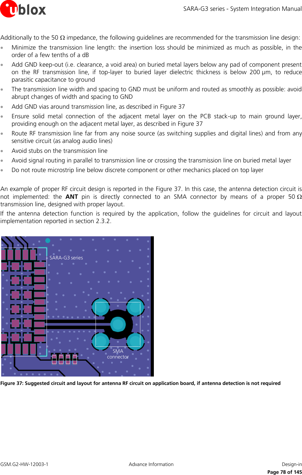 SARA-G3 series - System Integration Manual GSM.G2-HW-12003-1  Advance Information  Design-in     Page 78 of 145 Additionally to the 50  impedance, the following guidelines are recommended for the transmission line design:  Minimize  the  transmission  line  length: the  insertion  loss  should  be minimized  as  much  as  possible,  in  the order of a few tenths of a dB  Add GND keep-out (i.e. clearance, a void area) on buried metal layers below any pad of component present on  the  RF  transmission  line,  if  top-layer  to  buried  layer  dielectric  thickness  is  below  200 µm,  to  reduce parasitic capacitance to ground  The transmission line width and spacing to GND must be uniform and routed as smoothly as possible: avoid abrupt changes of width and spacing to GND  Add GND vias around transmission line, as described in Figure 37  Ensure  solid  metal  connection  of  the  adjacent  metal  layer  on  the  PCB  stack-up  to  main  ground  layer, providing enough on the adjacent metal layer, as described in Figure 37  Route RF transmission line far from any noise source (as switching supplies and digital lines) and from any sensitive circuit (as analog audio lines)  Avoid stubs on the transmission line  Avoid signal routing in parallel to transmission line or crossing the transmission line on buried metal layer  Do not route microstrip line below discrete component or other mechanics placed on top layer  An example of proper RF circuit design is reported in the Figure 37. In this case, the antenna detection circuit is not  implemented:  the  ANT  pin  is  directly  connected  to  an  SMA  connector  by  means  of  a  proper  50  transmission line, designed with proper layout. If  the  antenna  detection  function  is  required  by  the  application,  follow  the  guidelines  for  circuit  and  layout implementation reported in section 2.3.2.  SARA-G3 seriesSMAconnector Figure 37: Suggested circuit and layout for antenna RF circuit on application board, if antenna detection is not required  