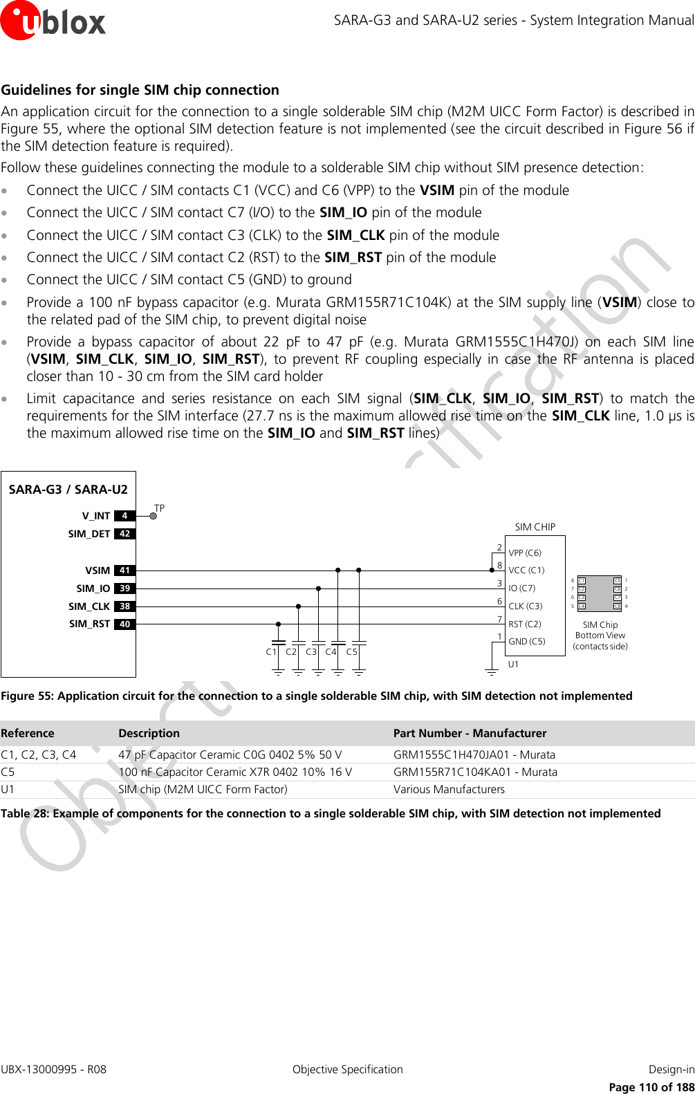 SARA-G3 and SARA-U2 series - System Integration Manual UBX-13000995 - R08  Objective Specification  Design-in     Page 110 of 188 Guidelines for single SIM chip connection An application circuit for the connection to a single solderable SIM chip (M2M UICC Form Factor) is described in Figure 55, where the optional SIM detection feature is not implemented (see the circuit described in Figure 56 if the SIM detection feature is required). Follow these guidelines connecting the module to a solderable SIM chip without SIM presence detection:  Connect the UICC / SIM contacts C1 (VCC) and C6 (VPP) to the VSIM pin of the module  Connect the UICC / SIM contact C7 (I/O) to the SIM_IO pin of the module  Connect the UICC / SIM contact C3 (CLK) to the SIM_CLK pin of the module  Connect the UICC / SIM contact C2 (RST) to the SIM_RST pin of the module  Connect the UICC / SIM contact C5 (GND) to ground  Provide a 100 nF bypass capacitor (e.g. Murata GRM155R71C104K) at the SIM supply line (VSIM) close to the related pad of the SIM chip, to prevent digital noise   Provide  a  bypass  capacitor  of  about  22  pF  to  47  pF  (e.g.  Murata  GRM1555C1H470J)  on  each  SIM  line (VSIM, SIM_CLK,  SIM_IO,  SIM_RST),  to  prevent  RF  coupling  especially  in  case  the  RF  antenna  is  placed closer than 10 - 30 cm from the SIM card holder  Limit  capacitance  and  series  resistance  on  each  SIM  signal  (SIM_CLK,  SIM_IO,  SIM_RST)  to  match  the requirements for the SIM interface (27.7 ns is the maximum allowed rise time on the SIM_CLK line, 1.0 µs is the maximum allowed rise time on the SIM_IO and SIM_RST lines)  41VSIM39SIM_IO38SIM_CLK40SIM_RST4V_INT42SIM_DET SIM CHIPSIM ChipBottom View (contacts side)C1VPP (C6)VCC (C1)IO (C7)CLK (C3)RST (C2)GND (C5)C2 C3 C5U1C4283671C1 C5C2 C6C3 C7C4 C887651234TPSARA-G3 / SARA-U2 Figure 55: Application circuit for the connection to a single solderable SIM chip, with SIM detection not implemented Reference Description Part Number - Manufacturer C1, C2, C3, C4 47 pF Capacitor Ceramic C0G 0402 5% 50 V GRM1555C1H470JA01 - Murata C5 100 nF Capacitor Ceramic X7R 0402 10% 16 V GRM155R71C104KA01 - Murata U1 SIM chip (M2M UICC Form Factor) Various Manufacturers Table 28: Example of components for the connection to a single solderable SIM chip, with SIM detection not implemented  