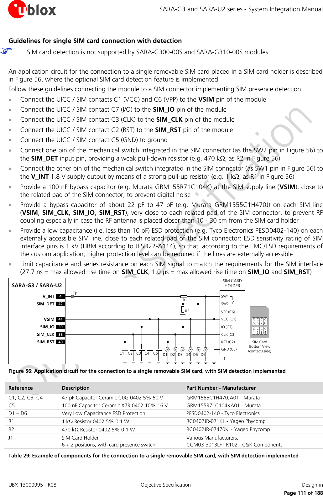 SARA-G3 and SARA-U2 series - System Integration Manual UBX-13000995 - R08  Objective Specification  Design-in     Page 111 of 188 Guidelines for single SIM card connection with detection  SIM card detection is not supported by SARA-G300-00S and SARA-G310-00S modules.  An application circuit for the connection to a single removable SIM card placed in a SIM card holder is described in Figure 56, where the optional SIM card detection feature is implemented. Follow these guidelines connecting the module to a SIM connector implementing SIM presence detection:  Connect the UICC / SIM contacts C1 (VCC) and C6 (VPP) to the VSIM pin of the module  Connect the UICC / SIM contact C7 (I/O) to the SIM_IO pin of the module  Connect the UICC / SIM contact C3 (CLK) to the SIM_CLK pin of the module  Connect the UICC / SIM contact C2 (RST) to the SIM_RST pin of the module  Connect the UICC / SIM contact C5 (GND) to ground  Connect one pin of the mechanical switch integrated in the SIM connector (as the SW2 pin in Figure 56) to the SIM_DET input pin, providing a weak pull-down resistor (e.g. 470 k, as R2 in Figure 56)  Connect the other pin of the mechanical switch integrated in the SIM connector (as SW1 pin in Figure 56) to the V_INT 1.8 V supply output by means of a strong pull-up resistor (e.g. 1 k, as R1 in Figure 56)  Provide a 100 nF bypass capacitor (e.g. Murata GRM155R71C104K) at the SIM supply line (VSIM), close to the related pad of the SIM connector, to prevent digital noise   Provide  a  bypass  capacitor  of  about  22  pF  to  47  pF  (e.g.  Murata  GRM1555C1H470J)  on  each  SIM  line (VSIM, SIM_CLK, SIM_IO, SIM_RST), very close to each related pad of the SIM connector, to prevent RF coupling especially in case the RF antenna is placed closer than 10 - 30 cm from the SIM card holder  Provide a low capacitance (i.e. less than 10 pF) ESD protection (e.g. Tyco Electronics PESD0402-140) on each externally accessible SIM line, close to each related pad of the SIM connector: ESD sensitivity rating of SIM interface pins is 1 kV (HBM according to JESD22-A114), so that, according to the EMC/ESD requirements of the custom application, higher protection level can be required if the lines are externally accessible   Limit capacitance and series resistance on each SIM signal to match the requirements for the SIM interface (27.7 ns = max allowed rise time on SIM_CLK, 1.0 µs = max allowed rise time on SIM_IO and SIM_RST) SARA-G3 / SARA-U241VSIM39SIM_IO38SIM_CLK40SIM_RST4V_INT42SIM_DETSIM CARD HOLDERC5C6C7C1C2C3SIM Card Bottom View (contacts side)C1VPP (C6)VCC (C1)IO (C7)CLK (C3)RST (C2)GND (C5)C2 C3 C5J1C4SW1SW2D1 D2 D3 D4 D5 D6R2R1C8C4TP Figure 56: Application circuit for the connection to a single removable SIM card, with SIM detection implemented Reference Description Part Number - Manufacturer C1, C2, C3, C4 47 pF Capacitor Ceramic C0G 0402 5% 50 V GRM1555C1H470JA01 - Murata C5 100 nF Capacitor Ceramic X7R 0402 10% 16 V GRM155R71C104KA01 - Murata D1 – D6 Very Low Capacitance ESD Protection PESD0402-140 - Tyco Electronics  R1 1 k Resistor 0402 5% 0.1 W RC0402JR-071KL - Yageo Phycomp R2 470 k Resistor 0402 5% 0.1 W RC0402JR-07470KL- Yageo Phycomp J1 SIM Card Holder 6 + 2 positions, with card presence switch Various Manufacturers, CCM03-3013LFT R102 - C&amp;K Components Table 29: Example of components for the connection to a single removable SIM card, with SIM detection implemented  