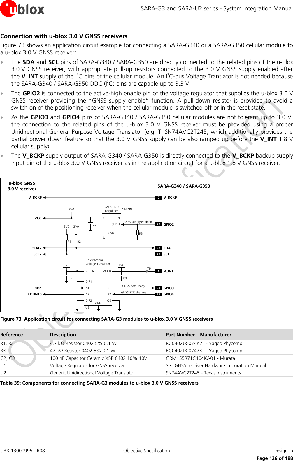 SARA-G3 and SARA-U2 series - System Integration Manual UBX-13000995 - R08  Objective Specification  Design-in     Page 126 of 188 Connection with u-blox 3.0 V GNSS receivers Figure 73 shows an application circuit example for connecting a SARA-G340 or a SARA-G350 cellular module to a u-blox 3.0 V GNSS receiver:  The SDA and SCL pins of SARA-G340 / SARA-G350 are directly connected to the related pins of the u-blox 3.0 V GNSS receiver, with appropriate pull-up resistors connected to the 3.0 V GNSS supply enabled after the V_INT supply of the I2C pins of the cellular module. An I2C-bus Voltage Translator is not needed because the SARA-G340 / SARA-G350 DDC (I2C) pins are capable up to 3.3 V.  The GPIO2 is connected to the active-high enable pin of the voltage regulator that supplies the u-blox 3.0 V GNSS  receiver  providing  the  “GNSS  supply  enable”  function.  A  pull-down  resistor  is  provided  to  avoid  a switch on of the positioning receiver when the cellular module is switched off or in the reset state.  As the  GPIO3 and GPIO4 pins of SARA-G340 / SARA-G350 cellular modules are not tolerant up to 3.0 V, the  connection  to  the  related  pins  of  the  u-blox  3.0  V  GNSS  receiver  must  be  provided  using  a  proper Unidirectional General Purpose Voltage Translator (e.g. TI SN74AVC2T245, which additionally provides the partial power down feature so that the 3.0 V GNSS supply can be also ramped up before the V_INT 1.8 V cellular supply).  The V_BCKP supply output of SARA-G340 / SARA-G350 is directly connected to the V_BCKP backup supply input pin of the u-blox 3.0 V GNSS receiver as in the application circuit for a u-blox 1.8 V GNSS receiver.  SARA-G340 / SARA-G350R1INOUTGNDGNSS LDORegulatorSHDNu-blox GNSS3.0 V receiverSDA2SCL2R23V0 3V0VMAIN3V0U123 GPIO2SDASCLC12627VCCR3V_BCKP V_BCKP224 GPIO325 GPIO41V8B1 A1GNDU2B2A2VCCBVCCAUnidirectionalVoltage TranslatorC2 C33V0TxD1EXTINT04V_INTDIR1DIR2 OEGNSS data readyGNSS RTC sharingTPGNSS supply enabled Figure 73: Application circuit for connecting SARA-G3 modules to u-blox 3.0 V GNSS receivers Reference Description Part Number – Manufacturer R1, R2 4.7 kΩ Resistor 0402 5% 0.1 W  RC0402JR-074K7L - Yageo Phycomp R3 47 kΩ Resistor 0402 5% 0.1 W  RC0402JR-0747KL - Yageo Phycomp C2, C3 100 nF Capacitor Ceramic X5R 0402 10% 10V GRM155R71C104KA01 - Murata U1 Voltage Regulator for GNSS receiver See GNSS receiver Hardware Integration Manual U2 Generic Unidirectional Voltage Translator SN74AVC2T245 - Texas Instruments Table 39: Components for connecting SARA-G3 modules to u-blox 3.0 V GNSS receivers  
