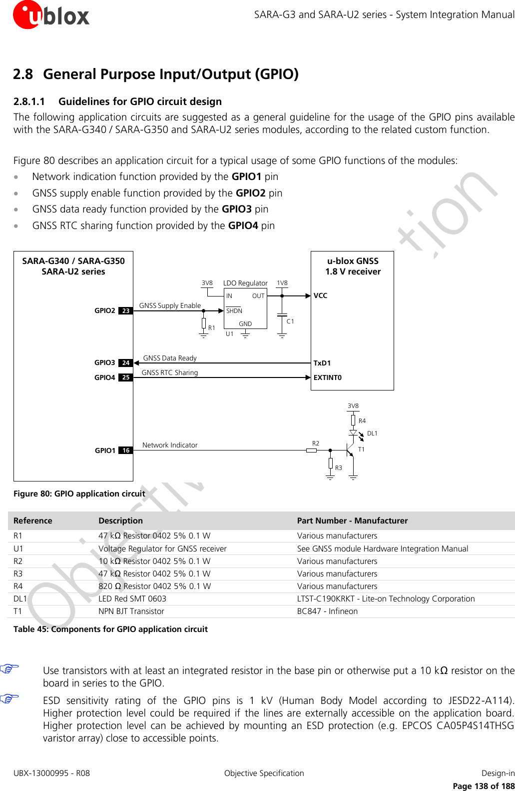 SARA-G3 and SARA-U2 series - System Integration Manual UBX-13000995 - R08  Objective Specification  Design-in     Page 138 of 188 2.8 General Purpose Input/Output (GPIO) 2.8.1.1 Guidelines for GPIO circuit design The following application circuits are suggested as a general guideline for the usage of the GPIO pins available with the SARA-G340 / SARA-G350 and SARA-U2 series modules, according to the related custom function.  Figure 80 describes an application circuit for a typical usage of some GPIO functions of the modules:  Network indication function provided by the GPIO1 pin  GNSS supply enable function provided by the GPIO2 pin  GNSS data ready function provided by the GPIO3 pin  GNSS RTC sharing function provided by the GPIO4 pin  OUTINGNDLDO RegulatorSHDN3V8 1V8GPIO3GPIO4TxD1EXTINT02425R1VCCGPIO2 23SARA-G340 / SARA-G350SARA-U2 seriesu-blox GNSS 1.8 V receiverU1C1R2R43V8Network IndicatorR3GNSS Supply EnableGNSS Data ReadyGNSS RTC Sharing16GPIO1DL1T1 Figure 80: GPIO application circuit Reference Description Part Number - Manufacturer R1 47 kΩ Resistor 0402 5% 0.1 W Various manufacturers U1 Voltage Regulator for GNSS receiver See GNSS module Hardware Integration Manual R2 10 kΩ Resistor 0402 5% 0.1 W Various manufacturers R3 47 kΩ Resistor 0402 5% 0.1 W Various manufacturers R4 820 Ω Resistor 0402 5% 0.1 W Various manufacturers DL1 LED Red SMT 0603 LTST-C190KRKT - Lite-on Technology Corporation T1 NPN BJT Transistor BC847 - Infineon Table 45: Components for GPIO application circuit   Use transistors with at least an integrated resistor in the base pin or otherwise put a 10 kΩ resistor on the board in series to the GPIO.  ESD  sensitivity  rating  of  the  GPIO  pins  is  1  kV  (Human  Body  Model  according  to  JESD22-A114).  Higher  protection  level could  be  required  if  the lines are  externally accessible  on the  application  board. Higher  protection  level  can  be  achieved  by  mounting  an  ESD  protection  (e.g.  EPCOS  CA05P4S14THSG varistor array) close to accessible points. 