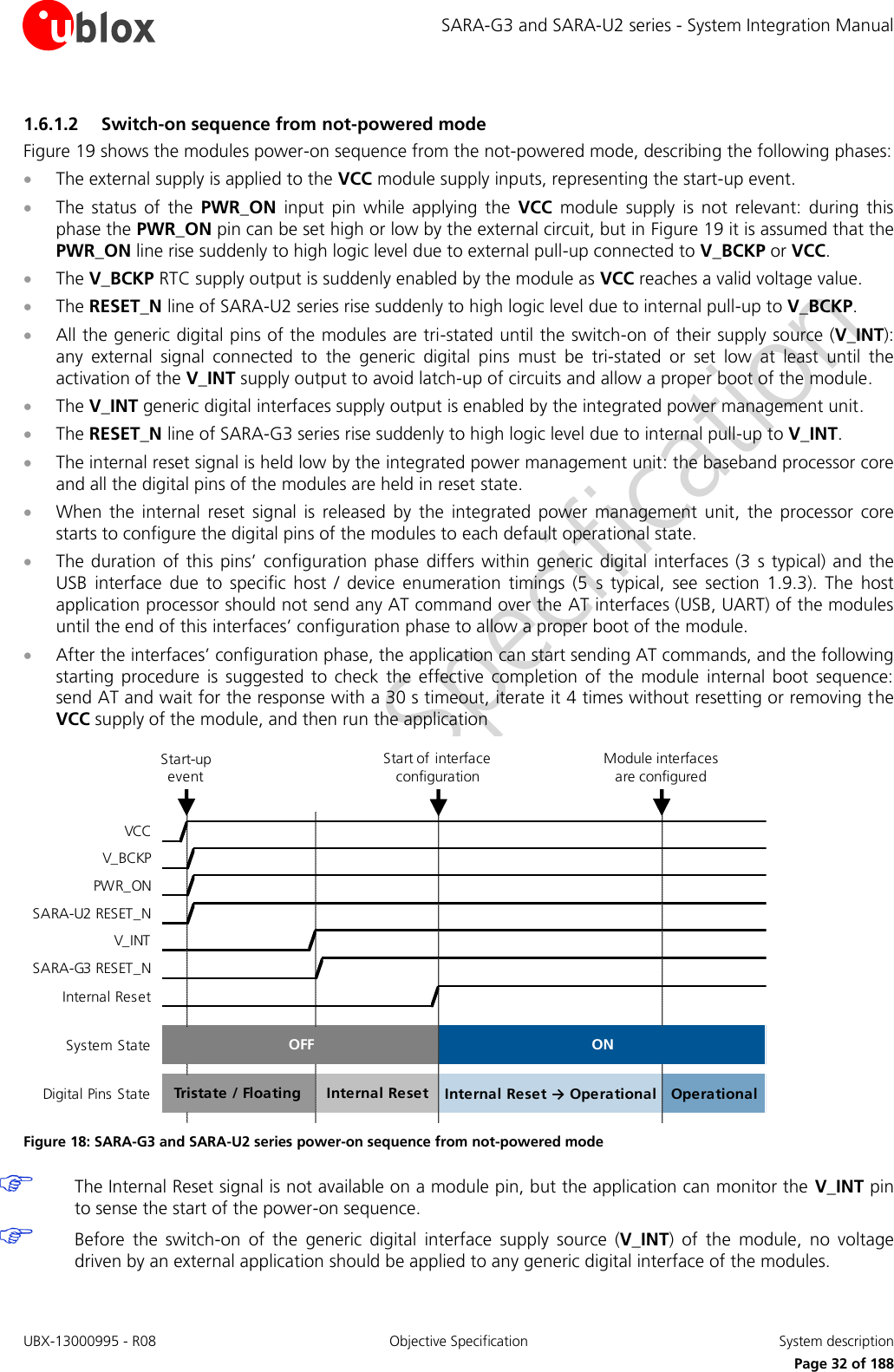 SARA-G3 and SARA-U2 series - System Integration Manual UBX-13000995 - R08  Objective Specification  System description     Page 32 of 188 1.6.1.2 Switch-on sequence from not-powered mode Figure 19 shows the modules power-on sequence from the not-powered mode, describing the following phases:  The external supply is applied to the VCC module supply inputs, representing the start-up event.  The  status  of  the  PWR_ON  input  pin  while  applying  the  VCC  module  supply  is  not  relevant:  during  this phase the PWR_ON pin can be set high or low by the external circuit, but in Figure 19 it is assumed that the PWR_ON line rise suddenly to high logic level due to external pull-up connected to V_BCKP or VCC.  The V_BCKP RTC supply output is suddenly enabled by the module as VCC reaches a valid voltage value.  The RESET_N line of SARA-U2 series rise suddenly to high logic level due to internal pull-up to V_BCKP.  All the generic digital pins of the modules are tri-stated until the switch-on of their supply source (V_INT): any  external  signal  connected  to  the  generic  digital  pins  must  be  tri-stated  or  set  low  at  least  until  the activation of the V_INT supply output to avoid latch-up of circuits and allow a proper boot of the module.  The V_INT generic digital interfaces supply output is enabled by the integrated power management unit.  The RESET_N line of SARA-G3 series rise suddenly to high logic level due to internal pull-up to V_INT.  The internal reset signal is held low by the integrated power management unit: the baseband processor core and all the digital pins of the modules are held in reset state.   When  the  internal  reset  signal  is  released  by  the  integrated  power  management  unit,  the  processor  core starts to configure the digital pins of the modules to each default operational state.  The duration  of this  pins’  configuration  phase differs within generic  digital interfaces (3  s typical) and  the USB  interface  due  to  specific  host  /  device  enumeration  timings  (5  s  typical,  see  section  1.9.3).  The  host application processor should not send any AT command over the AT interfaces (USB, UART) of the modules until the end of this interfaces’ configuration phase to allow a proper boot of the module.  After the interfaces’ configuration phase, the application can start sending AT commands, and the following starting  procedure  is  suggested  to  check  the  effective  completion  of  the  module  internal  boot  sequence: send AT and wait for the response with a 30 s timeout, iterate it 4 times without resetting or removing the VCC supply of the module, and then run the application  VCCV_BCKPPWR_ONSARA-U2 RESET_NV_INTSARA-G3 RESET_NInternal ResetSystem StateDigital Pins StateInternal Reset → Operational OperationalTristate / Floating OFFONInternal Reset0 ms~35 ms~3 sStart of interface configurationModule interfaces are configuredStart-up event Figure 18: SARA-G3 and SARA-U2 series power-on sequence from not-powered mode  The Internal Reset signal is not available on a module pin, but the application can monitor the  V_INT pin to sense the start of the power-on sequence.  Before  the  switch-on  of  the  generic  digital  interface  supply  source  (V_INT)  of  the  module,  no  voltage driven by an external application should be applied to any generic digital interface of the modules.  