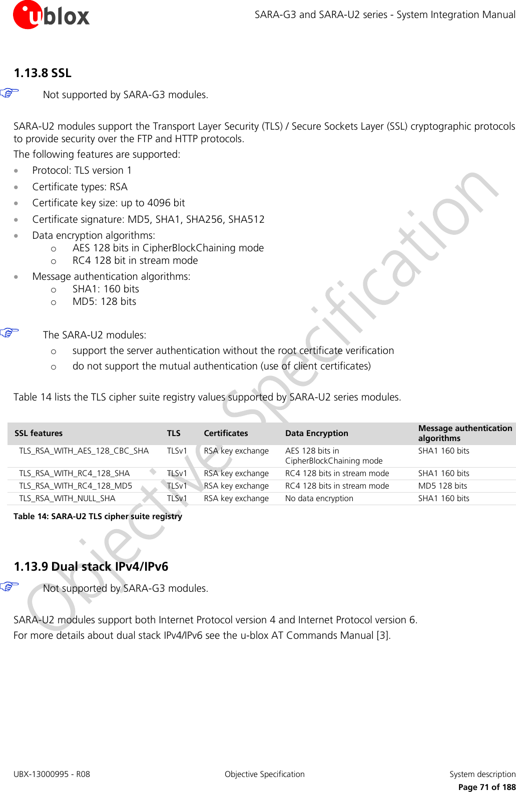 SARA-G3 and SARA-U2 series - System Integration Manual UBX-13000995 - R08  Objective Specification  System description     Page 71 of 188 1.13.8 SSL  Not supported by SARA-G3 modules.  SARA-U2 modules support the Transport Layer Security (TLS) / Secure Sockets Layer (SSL) cryptographic protocols to provide security over the FTP and HTTP protocols. The following features are supported:  Protocol: TLS version 1  Certificate types: RSA  Certificate key size: up to 4096 bit  Certificate signature: MD5, SHA1, SHA256, SHA512  Data encryption algorithms: o AES 128 bits in CipherBlockChaining mode o RC4 128 bit in stream mode  Message authentication algorithms: o SHA1: 160 bits o MD5: 128 bits   The SARA-U2 modules: o support the server authentication without the root certificate verification o do not support the mutual authentication (use of client certificates)  Table 14 lists the TLS cipher suite registry values supported by SARA-U2 series modules.  SSL features TLS Certificates Data Encryption Message authentication algorithms TLS_RSA_WITH_AES_128_CBC_SHA TLSv1 RSA key exchange AES 128 bits in CipherBlockChaining mode SHA1 160 bits TLS_RSA_WITH_RC4_128_SHA TLSv1 RSA key exchange RC4 128 bits in stream mode SHA1 160 bits TLS_RSA_WITH_RC4_128_MD5 TLSv1 RSA key exchange RC4 128 bits in stream mode MD5 128 bits TLS_RSA_WITH_NULL_SHA TLSv1 RSA key exchange No data encryption SHA1 160 bits Table 14: SARA-U2 TLS cipher suite registry  1.13.9 Dual stack IPv4/IPv6  Not supported by SARA-G3 modules.  SARA-U2 modules support both Internet Protocol version 4 and Internet Protocol version 6. For more details about dual stack IPv4/IPv6 see the u-blox AT Commands Manual [3].  