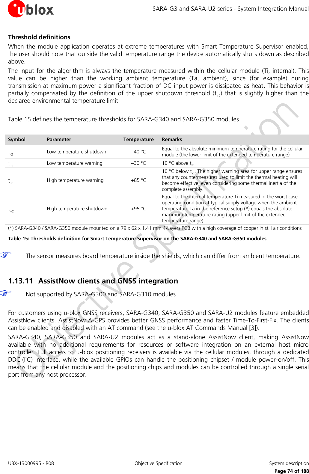SARA-G3 and SARA-U2 series - System Integration Manual UBX-13000995 - R08  Objective Specification  System description     Page 74 of 188 Threshold definitions When  the  module  application  operates  at  extreme temperatures  with  Smart  Temperature  Supervisor  enabled, the user should note that outside the valid temperature range the device automatically shuts down as described above. The  input for  the  algorithm  is always the temperature measured within the  cellular  module  (Ti,  internal). This value  can  be  higher  than  the  working  ambient  temperature  (Ta,  ambient),  since  (for  example)  during transmission at maximum power a significant fraction of DC input power is dissipated as heat. This behavior is partially  compensated  by  the  definition  of  the  upper  shutdown  threshold  (t+2)  that  is  slightly  higher  than  the declared environmental temperature limit.  Table 15 defines the temperature thresholds for SARA-G340 and SARA-G350 modules.  Symbol Parameter Temperature Remarks t-2 Low temperature shutdown –40 °C Equal to the absolute minimum temperature rating for the cellular module (the lower limit of the extended temperature range) t-1 Low temperature warning –30 °C 10 °C above t-2 t+1 High temperature warning +85 °C 10 °C below t+2. The higher warning area for upper range ensures that any countermeasures used to limit the thermal heating will become effective, even considering some thermal inertia of the complete assembly. t+2 High temperature shutdown +95 °C Equal to the internal temperature Ti measured in the worst case operating condition at typical supply voltage when the ambient temperature Ta in the reference setup (*) equals the absolute maximum temperature rating (upper limit of the extended temperature range) (*) SARA-G340 / SARA-G350 module mounted on a 79 x 62 x 1.41 mm 4-Layers PCB with a high coverage of copper in still air conditions Table 15: Thresholds definition for Smart Temperature Supervisor on the SARA-G340 and SARA-G350 modules  The sensor measures board temperature inside the shields, which can differ from ambient temperature.  1.13.11 AssistNow clients and GNSS integration  Not supported by SARA-G300 and SARA-G310 modules.  For customers using u-blox GNSS receivers, SARA-G340, SARA-G350 and SARA-U2 modules feature embedded AssistNow clients. AssistNow A-GPS provides better GNSS performance and faster Time-To-First-Fix. The clients can be enabled and disabled with an AT command (see the u-blox AT Commands Manual [3]). SARA-G340,  SARA-G350  and  SARA-U2  modules  act  as  a  stand-alone  AssistNow  client,  making  AssistNow available  with  no  additional  requirements  for  resources  or  software  integration  on  an  external  host  micro controller.  Full access to  u-blox  positioning receivers  is  available via  the  cellular  modules,  through a  dedicated DDC (I2C)  interface,  while  the  available  GPIOs  can  handle  the  positioning  chipset  /  module  power-on/off.  This means that the cellular module and the positioning chips and modules can be controlled through a single serial port from any host processor.   