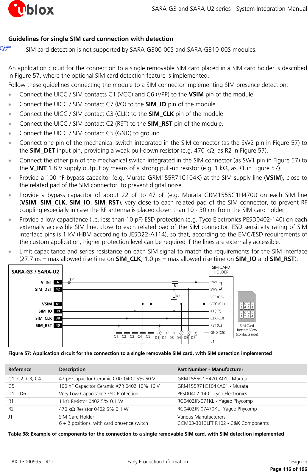 SARA-G3 and SARA-U2 series - System Integration Manual Guidelines for single SIM card connection with detection  SIM card detection is not supported by SARA-G300-00S and SARA-G310-00S modules.  An application circuit for the connection to a single removable SIM card placed in a SIM card holder is described in Figure 57, where the optional SIM card detection feature is implemented. Follow these guidelines connecting the module to a SIM connector implementing SIM presence detection: • Connect the UICC / SIM contacts C1 (VCC) and C6 (VPP) to the VSIM pin of the module. • Connect the UICC / SIM contact C7 (I/O) to the SIM_IO pin of the module. • Connect the UICC / SIM contact C3 (CLK) to the SIM_CLK pin of the module. • Connect the UICC / SIM contact C2 (RST) to the SIM_RST pin of the module. • Connect the UICC / SIM contact C5 (GND) to ground. • Connect one pin of the mechanical switch integrated in the SIM connector (as the SW2 pin in Figure 57) to the SIM_DET input pin, providing a weak pull-down resistor (e.g. 470 kΩ, as R2 in Figure 57). • Connect the other pin of the mechanical switch integrated in the SIM connector (as SW1 pin in Figure 57) to the V_INT 1.8 V supply output by means of a strong pull-up resistor (e.g. 1 kΩ, as R1 in Figure 57). • Provide a 100 nF bypass capacitor (e.g. Murata GRM155R71C104K) at the SIM supply line (VSIM), close to the related pad of the SIM connector, to prevent digital noise.  • Provide a bypass capacitor of about 22 pF to 47 pF (e.g. Murata GRM1555C1H470J) on each SIM line (VSIM, SIM_CLK, SIM_IO,  SIM_RST), very close to each related pad of the SIM connector, to prevent RF coupling especially in case the RF antenna is placed closer than 10 - 30 cm from the SIM card holder. • Provide a low capacitance (i.e. less than 10 pF) ESD protection (e.g. Tyco Electronics PESD0402-140) on each externally accessible SIM line, close to each related pad of the SIM connector: ESD sensitivity rating of SIM interface pins is 1 kV (HBM according to JESD22-A114), so that, according to the EMC/ESD requirements of the custom application, higher protection level can be required if the lines are externally accessible.  • Limit capacitance and series resistance on each SIM signal to match the requirements for the SIM interface (27.7 ns = max allowed rise time on SIM_CLK, 1.0 µs = max allowed rise time on SIM_IO and SIM_RST). SARA-G3 / SARA-U241VSIM39SIM_IO38SIM_CLK40SIM_RST4V_INT42SIM_DETSIM CARD HOLDERC5C6C7C1C2C3SIM Card Bottom View (contacts side)C1VPP (C6)VCC (C1)IO (C7)CLK (C3)RST (C2)GND (C5)C2 C3 C5J1C4SW1SW2D1 D2 D3 D4 D5 D6R2R1C8C4TP Figure 57: Application circuit for the connection to a single removable SIM card, with SIM detection implemented Reference Description Part Number - Manufacturer C1, C2, C3, C4 47 pF Capacitor Ceramic C0G 0402 5% 50 V GRM1555C1H470JA01 - Murata C5 100 nF Capacitor Ceramic X7R 0402 10% 16 V GRM155R71C104KA01 - Murata D1 – D6 Very Low Capacitance ESD Protection PESD0402-140 - Tyco Electronics  R1 1 kΩ Resistor 0402 5% 0.1 W RC0402JR-071KL - Yageo Phycomp R2 470 kΩ Resistor 0402 5% 0.1 W RC0402JR-07470KL- Yageo Phycomp J1 SIM Card Holder 6 + 2 positions, with card presence switch Various Manufacturers, CCM03-3013LFT R102 - C&amp;K Components Table 38: Example of components for the connection to a single removable SIM card, with SIM detection implemented  UBX-13000995 - R12 Early Production Information Design-in     Page 116 of 196 