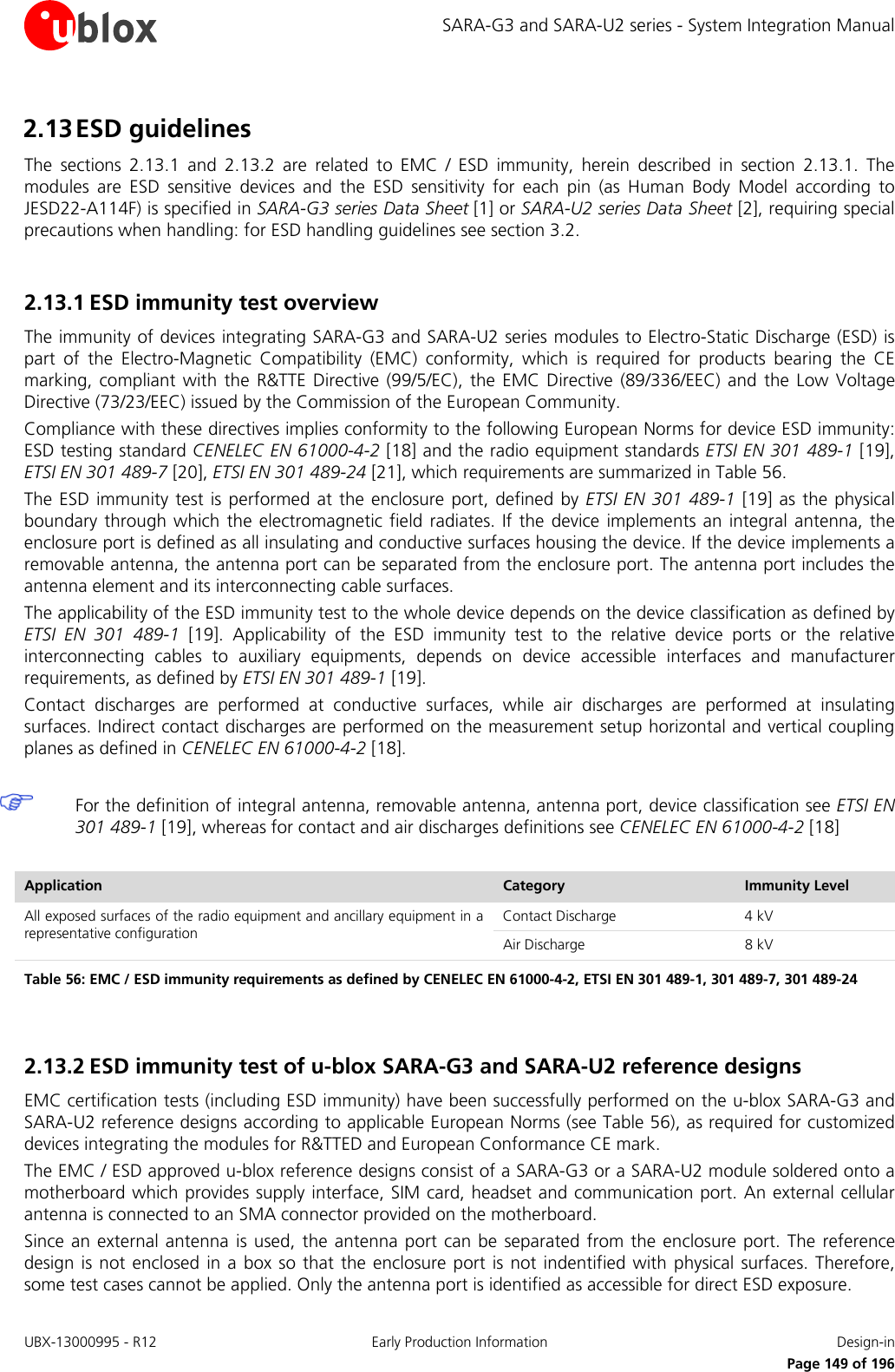 SARA-G3 and SARA-U2 series - System Integration Manual 2.13 ESD guidelines The sections 2.13.1 and  2.13.2 are related to  EMC / ESD immunity,  herein described in section 2.13.1. The modules are ESD sensitive devices and the ESD sensitivity for each pin (as Human Body Model according to JESD22-A114F) is specified in SARA-G3 series Data Sheet [1] or SARA-U2 series Data Sheet [2], requiring special precautions when handling: for ESD handling guidelines see section 3.2.  2.13.1 ESD immunity test overview The immunity of devices integrating SARA-G3 and SARA-U2 series modules to Electro-Static Discharge (ESD) is part of the Electro-Magnetic Compatibility (EMC) conformity,  which is required for products bearing the CE marking, compliant with the R&amp;TTE Directive (99/5/EC), the EMC Directive (89/336/EEC) and the Low Voltage Directive (73/23/EEC) issued by the Commission of the European Community. Compliance with these directives implies conformity to the following European Norms for device ESD immunity: ESD testing standard CENELEC EN 61000-4-2 [18] and the radio equipment standards ETSI EN 301 489-1 [19], ETSI EN 301 489-7 [20], ETSI EN 301 489-24 [21], which requirements are summarized in Table 56. The ESD immunity test is performed at the enclosure port, defined by ETSI EN 301 489-1 [19] as the physical boundary through which the electromagnetic field radiates. If the device implements an integral antenna, the enclosure port is defined as all insulating and conductive surfaces housing the device. If the device implements a removable antenna, the antenna port can be separated from the enclosure port. The antenna port includes the antenna element and its interconnecting cable surfaces. The applicability of the ESD immunity test to the whole device depends on the device classification as defined by ETSI EN 301 489-1  [19]. Applicability of the  ESD immunity test to the relative device ports or the relative interconnecting cables to auxiliary equipments, depends on device accessible interfaces and manufacturer requirements, as defined by ETSI EN 301 489-1 [19]. Contact discharges are performed at conductive surfaces, while air discharges are performed at insulating surfaces. Indirect contact discharges are performed on the measurement setup horizontal and vertical coupling planes as defined in CENELEC EN 61000-4-2 [18].   For the definition of integral antenna, removable antenna, antenna port, device classification see ETSI EN 301 489-1 [19], whereas for contact and air discharges definitions see CENELEC EN 61000-4-2 [18]  Application Category Immunity Level All exposed surfaces of the radio equipment and ancillary equipment in a representative configuration Contact Discharge 4 kV Air Discharge 8 kV Table 56: EMC / ESD immunity requirements as defined by CENELEC EN 61000-4-2, ETSI EN 301 489-1, 301 489-7, 301 489-24   2.13.2 ESD immunity test of u-blox SARA-G3 and SARA-U2 reference designs EMC certification tests (including ESD immunity) have been successfully performed on the u-blox SARA-G3 and SARA-U2 reference designs according to applicable European Norms (see Table 56), as required for customized devices integrating the modules for R&amp;TTED and European Conformance CE mark. The EMC / ESD approved u-blox reference designs consist of a SARA-G3 or a SARA-U2 module soldered onto a motherboard which provides supply interface, SIM card, headset and communication port. An external cellular antenna is connected to an SMA connector provided on the motherboard. Since an external antenna is used, the antenna port can be separated from the enclosure port. The reference design is not enclosed in a box so that the enclosure port is not indentified with physical surfaces. Therefore, some test cases cannot be applied. Only the antenna port is identified as accessible for direct ESD exposure. UBX-13000995 - R12 Early Production Information Design-in     Page 149 of 196 