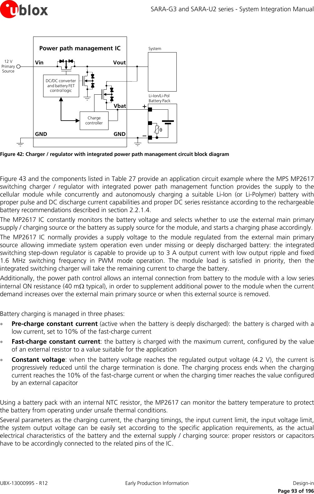 SARA-G3 and SARA-U2 series - System Integration Manual GNDPower path management ICVoutVinθLi-Ion/Li-Pol Battery PackGNDSystem12 V Primary SourceCharge controllerDC/DC converter and battery FET control logicVbat Figure 42: Charger / regulator with integrated power path management circuit block diagram  Figure 43 and the components listed in Table 27 provide an application circuit example where the MPS MP2617 switching charger / regulator with integrated power path management function provides the supply to the cellular module while concurrently and  autonomously charging  a suitable Li-Ion (or Li-Polymer) battery with proper pulse and DC discharge current capabilities and proper DC series resistance according to the rechargeable battery recommendations described in section 2.2.1.4. The MP2617  IC constantly monitors the battery voltage and selects whether to use the external main primary supply / charging source or the battery as supply source for the module, and starts a charging phase accordingly.  The MP2617 IC  normally  provides a supply  voltage to the module regulated from the external main primary source allowing immediate system operation even under missing or deeply discharged battery: the integrated switching step-down regulator is capable to provide up to 3 A output current with low output ripple and fixed 1.6 MHz switching frequency in PWM mode operation. The module load is satisfied in priority, then the integrated switching charger will take the remaining current to charge the battery. Additionally, the power path control allows an internal connection from battery to the module with a low series internal ON resistance (40 mΩ typical), in order to supplement additional power to the module when the current demand increases over the external main primary source or when this external source is removed.  Battery charging is managed in three phases: • Pre-charge constant current (active when the battery is deeply discharged): the battery is charged with a low current, set to 10% of the fast-charge current • Fast-charge constant current: the battery is charged with the maximum current, configured by the value of an external resistor to a value suitable for the application • Constant voltage: when the battery voltage reaches the regulated output voltage (4.2 V), the current is progressively reduced until the charge termination is done. The charging process ends when the charging current reaches the 10% of the fast-charge current or when the charging timer reaches the value configured by an external capacitor  Using a battery pack with an internal NTC resistor, the MP2617 can monitor the battery temperature to protect the battery from operating under unsafe thermal conditions. Several parameters as the charging current, the charging timings, the input current limit, the input voltage limit, the system output voltage can be easily set according to the specific application requirements, as the actual electrical characteristics of the battery and the external supply / charging source: proper resistors or capacitors have to be accordingly connected to the related pins of the IC.  UBX-13000995 - R12 Early Production Information Design-in     Page 93 of 196 