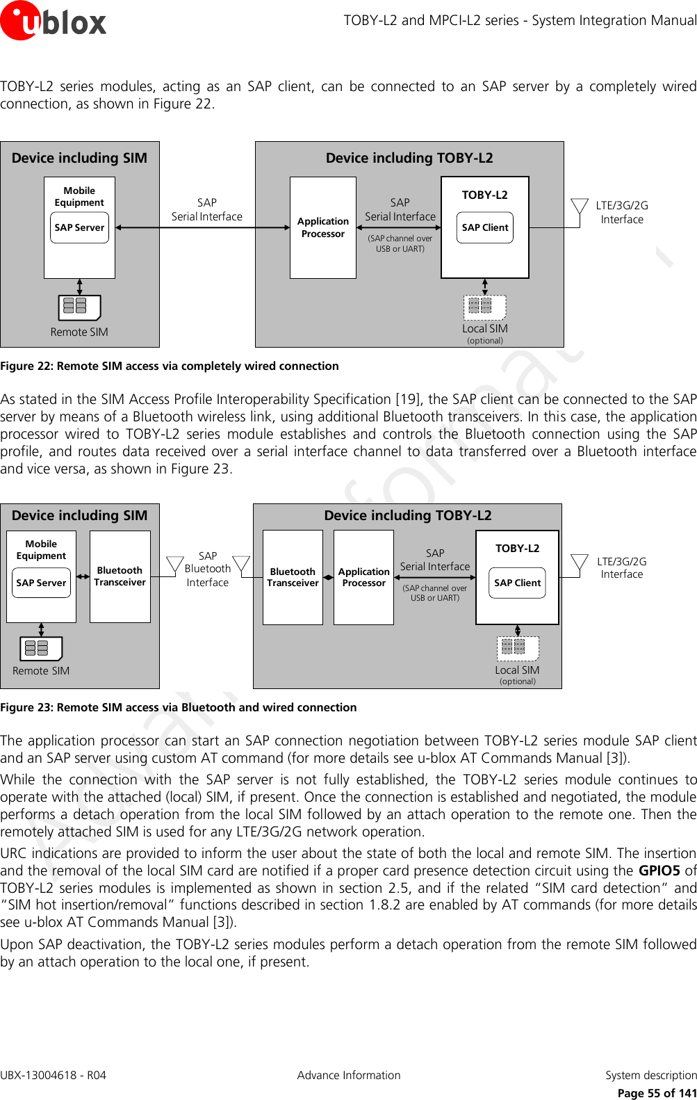 TOBY-L2 and MPCI-L2 series - System Integration Manual UBX-13004618 - R04  Advance Information  System description     Page 55 of 141 TOBY-L2  series  modules,  acting  as  an  SAP  client,  can  be  connected  to  an  SAP  server  by  a  completely  wired connection, as shown in Figure 22.  Device including TOBY-L2LTE/3G/2G InterfaceLocal SIM(optional)TOBY-L2SAP ClientApplicationProcessorDevice including SIMSAP                   Serial InterfaceRemote SIMMobileEquipmentSAP ServerSAP              Serial Interface(SAP channel over USB or UART) Figure 22: Remote SIM access via completely wired connection As stated in the SIM Access Profile Interoperability Specification [19], the SAP client can be connected to the SAP server by means of a Bluetooth wireless link, using additional Bluetooth transceivers. In this case, the application processor  wired  to  TOBY-L2  series  module  establishes  and  controls  the  Bluetooth  connection  using  the  SAP profile, and routes  data  received  over  a serial  interface  channel  to  data  transferred over  a Bluetooth interface and vice versa, as shown in Figure 23.  Device including TOBY-L2SAP              Serial Interface(SAP channel over USB or UART)LTE/3G/2G InterfaceLocal SIM(optional)TOBY-L2SAP ClientApplicationProcessorSAP  Bluetooth InterfaceBluetoothTransceiverDevice including SIMRemote SIMMobileEquipmentSAP ServerBluetoothTransceiver Figure 23: Remote SIM access via Bluetooth and wired connection The application processor can start an SAP connection negotiation between TOBY-L2 series module SAP client and an SAP server using custom AT command (for more details see u-blox AT Commands Manual [3]). While  the  connection  with  the  SAP  server  is  not  fully  established,  the  TOBY-L2  series  module  continues  to operate with the attached (local) SIM, if present. Once the connection is established and negotiated, the module performs a detach operation from the local SIM followed by an attach operation to the remote one. Then the remotely attached SIM is used for any LTE/3G/2G network operation. URC indications are provided to inform the user about the state of both the local and remote SIM. The insertion and the removal of the local SIM card are notified if a proper card presence detection circuit using the GPIO5 of TOBY-L2  series modules is implemented as shown  in  section 2.5, and  if  the  related “SIM card detection” and “SIM hot insertion/removal” functions described in section 1.8.2 are enabled by AT commands (for more details see u-blox AT Commands Manual [3]). Upon SAP deactivation, the TOBY-L2 series modules perform a detach operation from the remote SIM followed by an attach operation to the local one, if present.  