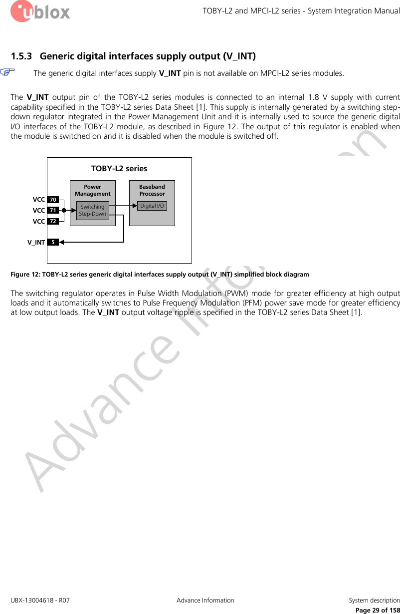 TOBY-L2 and MPCI-L2 series - System Integration Manual UBX-13004618 - R07  Advance Information  System description     Page 29 of 158 1.5.3 Generic digital interfaces supply output (V_INT)   The generic digital interfaces supply V_INT pin is not available on MPCI-L2 series modules.  The  V_INT  output  pin  of  the  TOBY-L2  series modules  is  connected  to  an  internal  1.8  V  supply  with  current capability specified in the TOBY-L2 series Data Sheet [1]. This supply is internally generated by a switching step-down regulator integrated in the Power Management Unit and it is internally used to source the generic digital I/O interfaces of the TOBY-L2 module, as described in Figure 12. The output of this regulator is enabled when the module is switched on and it is disabled when the module is switched off.  Baseband Processor70VCC71VCC72VCC5V_INTSwitchingStep-DownPower ManagementTOBY-L2 seriesDigital I/O Figure 12: TOBY-L2 series generic digital interfaces supply output (V_INT) simplified block diagram The switching regulator operates in Pulse Width Modulation (PWM) mode for greater efficiency at high output loads and it automatically switches to Pulse Frequency Modulation (PFM) power save mode for greater efficiency at low output loads. The V_INT output voltage ripple is specified in the TOBY-L2 series Data Sheet [1].  