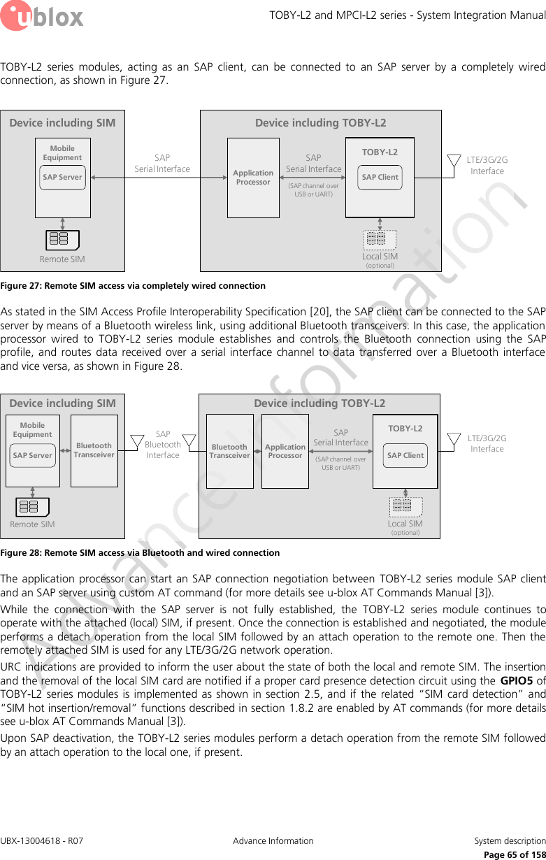 TOBY-L2 and MPCI-L2 series - System Integration Manual UBX-13004618 - R07  Advance Information  System description     Page 65 of 158 TOBY-L2  series  modules,  acting  as  an  SAP  client,  can  be  connected  to  an  SAP  server  by  a  completely  wired connection, as shown in Figure 27.  Device including TOBY-L2LTE/3G/2G InterfaceLocal SIM(optional)TOBY-L2SAP ClientApplicationProcessorDevice including SIMSAP                   Serial InterfaceRemote SIMMobileEquipmentSAP ServerSAP              Serial Interface(SAP channel over USB or UART) Figure 27: Remote SIM access via completely wired connection As stated in the SIM Access Profile Interoperability Specification [20], the SAP client can be connected to the SAP server by means of a Bluetooth wireless link, using additional Bluetooth transceivers. In this case, the application processor  wired  to  TOBY-L2  series  module  establishes  and  controls  the  Bluetooth  connection  using  the  SAP profile, and routes  data  received over a  serial  interface  channel  to  data  transferred over  a  Bluetooth  interface and vice versa, as shown in Figure 28.  Device including TOBY-L2SAP              Serial Interface(SAP channel over USB or UART)LTE/3G/2G InterfaceLocal SIM(optional)TOBY-L2SAP ClientApplicationProcessorSAP  Bluetooth InterfaceBluetoothTransceiverDevice including SIMRemote SIMMobileEquipmentSAP ServerBluetoothTransceiver Figure 28: Remote SIM access via Bluetooth and wired connection The application processor can start an  SAP connection negotiation between  TOBY-L2 series  module  SAP client and an SAP server using custom AT command (for more details see u-blox AT Commands Manual [3]). While  the  connection  with  the  SAP  server  is  not  fully  established,  the  TOBY-L2  series  module  continues  to operate with the attached (local) SIM, if present. Once the connection is established and negotiated, the module performs a detach  operation from the local SIM followed by an attach operation to the remote one. Then the remotely attached SIM is used for any LTE/3G/2G network operation. URC indications are provided to inform the user about the state of both the local and remote SIM. The insertion and the removal of the local SIM card are notified if a proper card presence detection circuit using the  GPIO5 of TOBY-L2  series modules is implemented as shown  in section  2.5, and if the  related “SIM card detection” and “SIM hot insertion/removal” functions described in section 1.8.2 are enabled by AT commands (for more details see u-blox AT Commands Manual [3]). Upon SAP deactivation, the TOBY-L2 series modules perform a detach operation from the remote SIM followed by an attach operation to the local one, if present.  