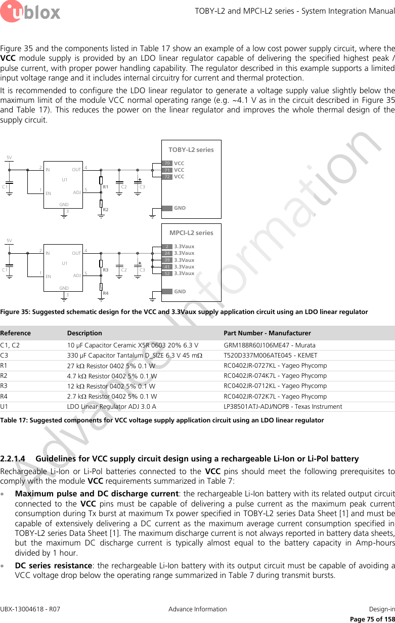 TOBY-L2 and MPCI-L2 series - System Integration Manual UBX-13004618 - R07  Advance Information  Design-in     Page 75 of 158 Figure 35 and the components listed in Table 17 show an example of a low cost power supply circuit, where the VCC  module  supply  is  provided  by  an  LDO  linear  regulator  capable  of  delivering  the  specified  highest  peak  / pulse current, with proper power handling capability. The regulator described in this example supports a limited input voltage range and it includes internal circuitry for current and thermal protection. It is recommended to configure  the LDO  linear regulator to generate a voltage  supply value  slightly below the maximum limit of the module VCC normal operating range (e.g. ~4.1 V as in the circuit described in Figure 35 and  Table  17).  This  reduces the  power  on  the  linear  regulator and improves  the  whole  thermal  design  of  the supply circuit.  5VC1IN OUTADJGND12453C2R1R2U1ENTOBY-L2 series71 VCC72 VCC70 VCCGNDC35VC1IN OUTADJGND12453C2R3R4U1ENMPCI-L2 seriesGNDC324 3.3Vaux39 3.3Vaux23.3Vaux41 3.3Vaux52 3.3Vaux Figure 35: Suggested schematic design for the VCC and 3.3Vaux supply application circuit using an LDO linear regulator Reference Description Part Number - Manufacturer C1, C2 10 µF Capacitor Ceramic X5R 0603 20% 6.3 V GRM188R60J106ME47 - Murata C3 330 µF Capacitor Tantalum D_SIZE 6.3 V 45 m T520D337M006ATE045 - KEMET R1 27 k Resistor 0402 5% 0.1 W RC0402JR-0727KL - Yageo Phycomp R2 4.7 k Resistor 0402 5% 0.1 W RC0402JR-074K7L - Yageo Phycomp R3 12 k Resistor 0402 5% 0.1 W RC0402JR-0712KL - Yageo Phycomp R4 2.7 k Resistor 0402 5% 0.1 W RC0402JR-072K7L - Yageo Phycomp U1 LDO Linear Regulator ADJ 3.0 A LP38501ATJ-ADJ/NOPB - Texas Instrument Table 17: Suggested components for VCC voltage supply application circuit using an LDO linear regulator  2.2.1.4 Guidelines for VCC supply circuit design using a rechargeable Li-Ion or Li-Pol battery Rechargeable  Li-Ion  or  Li-Pol  batteries  connected  to  the  VCC  pins  should  meet  the  following  prerequisites  to comply with the module VCC requirements summarized in Table 7:  Maximum pulse and DC discharge current: the rechargeable Li-Ion battery with its related output circuit connected  to  the  VCC  pins  must  be  capable  of  delivering  a  pulse  current  as  the  maximum  peak  current consumption during Tx burst at maximum Tx power specified in TOBY-L2 series Data Sheet [1] and must be capable  of  extensively  delivering  a  DC  current  as  the  maximum  average  current  consumption  specified  in TOBY-L2 series Data Sheet [1]. The maximum discharge current is not always reported in battery data sheets, but  the  maximum  DC  discharge  current  is  typically  almost  equal  to  the  battery  capacity  in  Amp-hours divided by 1 hour.  DC series resistance: the rechargeable Li-Ion battery with its output circuit must be capable of avoiding a VCC voltage drop below the operating range summarized in Table 7 during transmit bursts.  