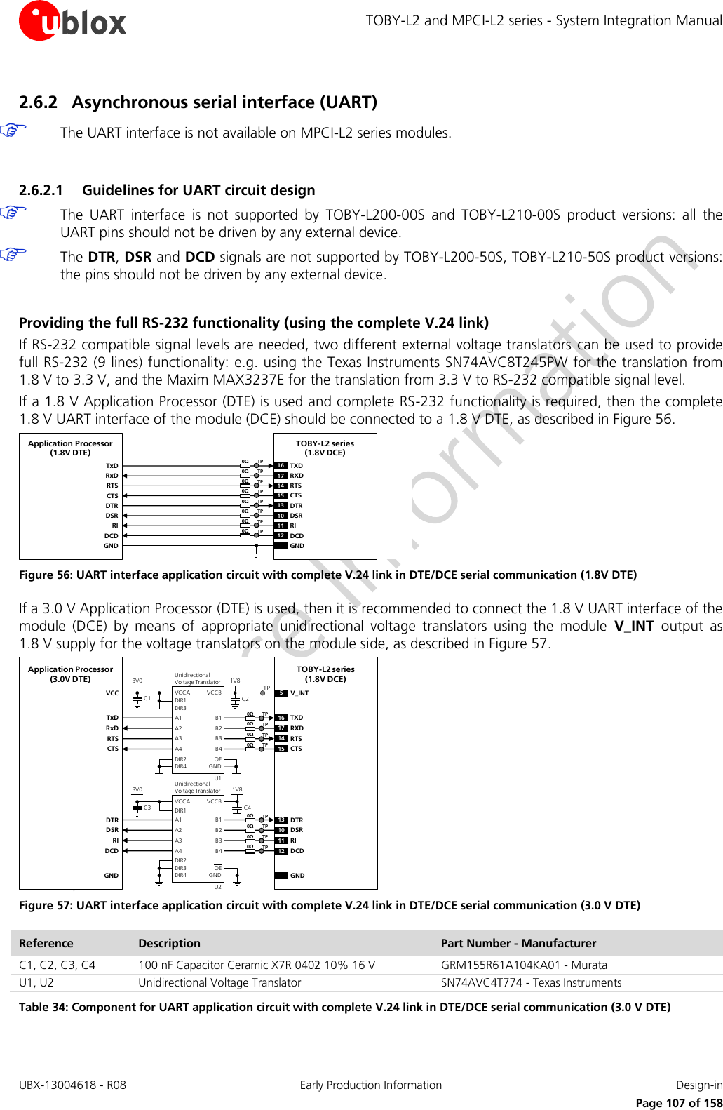 TOBY-L2 and MPCI-L2 series - System Integration Manual UBX-13004618 - R08  Early Production Information  Design-in     Page 107 of 158 2.6.2 Asynchronous serial interface (UART)  The UART interface is not available on MPCI-L2 series modules.  2.6.2.1 Guidelines for UART circuit design  The  UART  interface  is  not  supported  by  TOBY-L200-00S  and  TOBY-L210-00S  product  versions:  all  the UART pins should not be driven by any external device.  The DTR, DSR and DCD signals are not supported by TOBY-L200-50S, TOBY-L210-50S product versions: the pins should not be driven by any external device.  Providing the full RS-232 functionality (using the complete V.24 link) If RS-232 compatible signal levels are needed, two different external voltage translators  can be used to provide full RS-232 (9 lines) functionality: e.g. using the Texas Instruments SN74AVC8T245PW for the translation from 1.8 V to 3.3 V, and the Maxim MAX3237E for the translation from 3.3 V to RS-232 compatible signal level. If a 1.8 V Application Processor (DTE) is used and complete RS-232 functionality is required, then the complete 1.8 V UART interface of the module (DCE) should be connected to a 1.8 V DTE, as described in Figure 56. TxDApplication Processor(1.8V DTE)RxDRTSCTSDTRDSRRIDCDGNDTOBY-L2 series (1.8V DCE)16 TXD13 DTR17 RXD14 RTS15 CTS10 DSR11 RI12 DCDGND0ΩTP0ΩTP0ΩTP0ΩTP0ΩTP0ΩTP0ΩTP0ΩTP Figure 56: UART interface application circuit with complete V.24 link in DTE/DCE serial communication (1.8V DTE) If a 3.0 V Application Processor (DTE) is used, then it is recommended to connect the 1.8 V UART interface of the module  (DCE)  by  means  of  appropriate  unidirectional  voltage  translators  using  the  module  V_INT  output  as 1.8 V supply for the voltage translators on the module side, as described in Figure 57. 5V_INTTxDApplication Processor(3.0V DTE)RxDRTSCTSDTRDSRRIDCDGNDTOBY-L2 series (1.8V DCE)16 TXD13 DTR17 RXD14 RTS15 CTS10 DSR11 RI12 DCDGND1V8B1 A1GNDU1B3A3VCCBVCCAUnidirectionalVoltage TranslatorC1 C23V0DIR3DIR2 OEDIR1VCCB2 A2B4A4DIR41V8B1 A1GNDU2B3A3VCCBVCCAUnidirectionalVoltage TranslatorC3 C43V0DIR1DIR3 OEB2 A2B4A4DIR4DIR2TP0ΩTP0ΩTP0ΩTP0ΩTP0ΩTP0ΩTP0ΩTP0ΩTP Figure 57: UART interface application circuit with complete V.24 link in DTE/DCE serial communication (3.0 V DTE) Reference Description Part Number - Manufacturer C1, C2, C3, C4 100 nF Capacitor Ceramic X7R 0402 10% 16 V GRM155R61A104KA01 - Murata U1, U2 Unidirectional Voltage Translator SN74AVC4T774 - Texas Instruments Table 34: Component for UART application circuit with complete V.24 link in DTE/DCE serial communication (3.0 V DTE) 