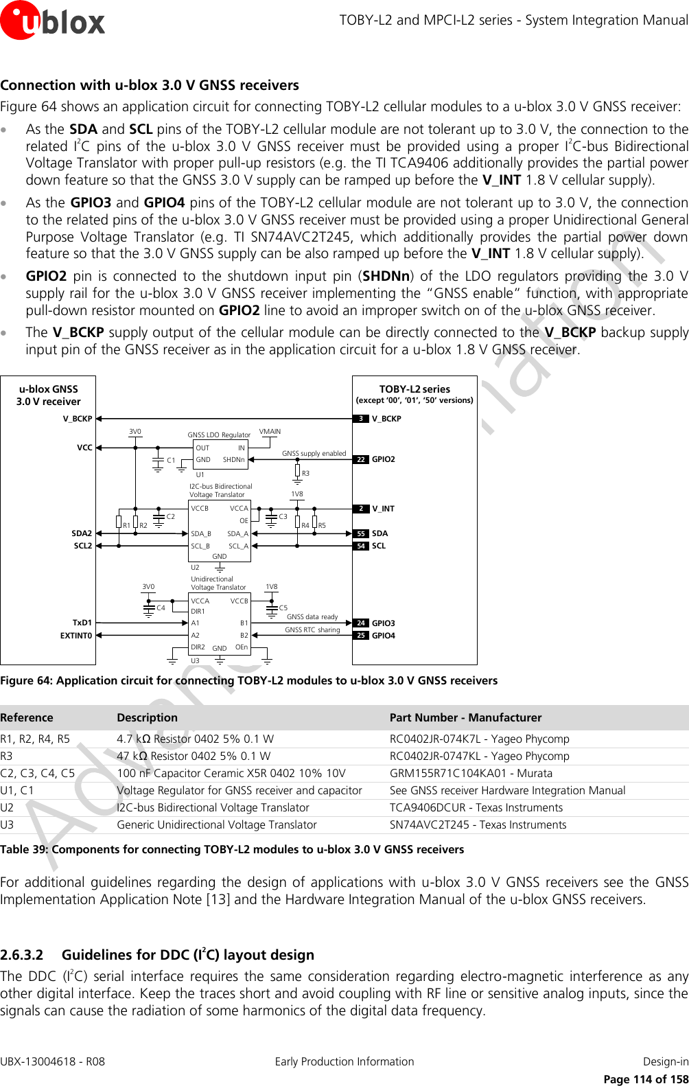 TOBY-L2 and MPCI-L2 series - System Integration Manual UBX-13004618 - R08  Early Production Information  Design-in     Page 114 of 158 Connection with u-blox 3.0 V GNSS receivers Figure 64 shows an application circuit for connecting TOBY-L2 cellular modules to a u-blox 3.0 V GNSS receiver:  As the SDA and SCL pins of the TOBY-L2 cellular module are not tolerant up to 3.0 V, the connection to the related  I2C  pins  of  the  u-blox  3.0  V  GNSS  receiver  must  be  provided  using  a  proper  I2C-bus  Bidirectional Voltage Translator with proper pull-up resistors (e.g. the TI TCA9406 additionally provides the partial power down feature so that the GNSS 3.0 V supply can be ramped up before the V_INT 1.8 V cellular supply).  As the GPIO3 and GPIO4 pins of the TOBY-L2 cellular module are not tolerant up to 3.0 V, the connection to the related pins of the u-blox 3.0 V GNSS receiver must be provided using a proper Unidirectional General Purpose  Voltage  Translator  (e.g.  TI  SN74AVC2T245,  which  additionally  provides  the  partial  power  down feature so that the 3.0 V GNSS supply can be also ramped up before the V_INT 1.8 V cellular supply).  GPIO2  pin  is  connected  to  the  shutdown  input  pin  (SHDNn)  of  the  LDO  regulators  providing  the  3.0  V supply rail for the u-blox 3.0 V GNSS receiver implementing the “GNSS enable” function, with appropriate pull-down resistor mounted on GPIO2 line to avoid an improper switch on of the u-blox GNSS receiver.  The V_BCKP supply output of the cellular module can be directly connected to the V_BCKP backup supply input pin of the GNSS receiver as in the application circuit for a u-blox 1.8 V GNSS receiver. u-blox GNSS 3.0 V receiver24 GPIO325 GPIO41V8B1 A1GNDU3B2A2VCCBVCCAUnidirectionalVoltage TranslatorC4 C53V0TxD1EXTINT0R1INOUTGNSS LDO RegulatorSHDNnR2VMAIN3V0U122 GPIO255 SDA54 SCLR4 R51V8SDA_A SDA_BGNDU2SCL_ASCL_BVCCAVCCBI2C-bus Bidirectional Voltage Translator2V_INTC1C2 C3R3SDA2SCL2VCCDIR1DIR23V_BCKPV_BCKPOEnOEGNSS data readyGNSS RTC sharingGNSS supply enabledTOBY-L2 series       (except ‘00’, ‘01’, ‘50’ versions)GND Figure 64: Application circuit for connecting TOBY-L2 modules to u-blox 3.0 V GNSS receivers Reference Description Part Number - Manufacturer R1, R2, R4, R5 4.7 kΩ Resistor 0402 5% 0.1 W  RC0402JR-074K7L - Yageo Phycomp R3 47 kΩ Resistor 0402 5% 0.1 W  RC0402JR-0747KL - Yageo Phycomp C2, C3, C4, C5 100 nF Capacitor Ceramic X5R 0402 10% 10V GRM155R71C104KA01 - Murata U1, C1 Voltage Regulator for GNSS receiver and capacitor  See GNSS receiver Hardware Integration Manual U2 I2C-bus Bidirectional Voltage Translator TCA9406DCUR - Texas Instruments U3 Generic Unidirectional Voltage Translator SN74AVC2T245 - Texas Instruments Table 39: Components for connecting TOBY-L2 modules to u-blox 3.0 V GNSS receivers For additional  guidelines regarding  the  design of applications with  u-blox  3.0  V  GNSS  receivers  see  the  GNSS Implementation Application Note [13] and the Hardware Integration Manual of the u-blox GNSS receivers.  2.6.3.2 Guidelines for DDC (I2C) layout design The  DDC  (I2C)  serial  interface  requires  the  same  consideration  regarding  electro-magnetic  interference  as  any other digital interface. Keep the traces short and avoid coupling with RF line or sensitive analog inputs, since the signals can cause the radiation of some harmonics of the digital data frequency. 