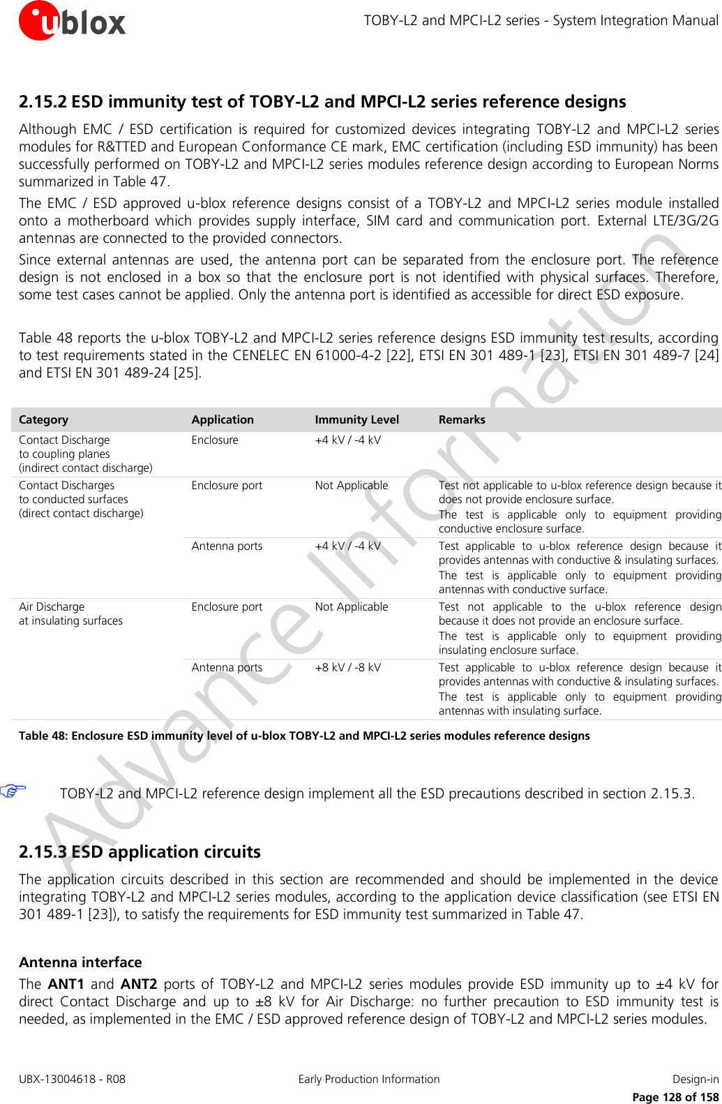 TOBY-L2 and MPCI-L2 series - System Integration Manual UBX-13004618 - R08  Early Production Information  Design-in     Page 128 of 158 2.15.2 ESD immunity test of TOBY-L2 and MPCI-L2 series reference designs Although  EMC  /  ESD  certification  is  required  for  customized  devices  integrating  TOBY-L2  and  MPCI-L2  series modules for R&amp;TTED and European Conformance CE mark, EMC certification (including ESD immunity) has been successfully performed on TOBY-L2 and MPCI-L2 series modules reference design according to European Norms summarized in Table 47. The  EMC  /  ESD  approved  u-blox  reference  designs consist  of  a  TOBY-L2  and  MPCI-L2  series  module  installed onto  a  motherboard  which  provides  supply  interface,  SIM  card  and  communication  port.  External  LTE/3G/2G antennas are connected to the provided connectors. Since  external  antennas  are  used,  the  antenna  port  can  be  separated  from  the  enclosure  port.  The  reference design  is  not  enclosed  in  a  box  so  that  the  enclosure  port  is  not  identified  with  physical  surfaces.  Therefore, some test cases cannot be applied. Only the antenna port is identified as accessible for direct ESD exposure.  Table 48 reports the u-blox TOBY-L2 and MPCI-L2 series reference designs ESD immunity test results, according to test requirements stated in the CENELEC EN 61000-4-2 [22], ETSI EN 301 489-1 [23], ETSI EN 301 489-7 [24] and ETSI EN 301 489-24 [25].  Category Application Immunity Level Remarks Contact Discharge  to coupling planes  (indirect contact discharge) Enclosure +4 kV / -4 kV  Contact Discharges  to conducted surfaces  (direct contact discharge) Enclosure port Not Applicable Test not applicable to u-blox reference design because it does not provide enclosure surface. The  test  is  applicable  only  to  equipment  providing conductive enclosure surface. Antenna ports +4 kV / -4 kV Test  applicable  to  u-blox  reference  design  because  it provides antennas with conductive &amp; insulating surfaces. The  test  is  applicable  only  to  equipment  providing antennas with conductive surface. Air Discharge  at insulating surfaces Enclosure port Not Applicable Test  not  applicable  to  the  u-blox  reference  design because it does not provide an enclosure surface. The  test  is  applicable  only  to  equipment  providing insulating enclosure surface. Antenna ports +8 kV / -8 kV Test  applicable  to  u-blox  reference  design  because  it provides antennas with conductive &amp; insulating surfaces. The  test  is  applicable  only  to  equipment  providing antennas with insulating surface. Table 48: Enclosure ESD immunity level of u-blox TOBY-L2 and MPCI-L2 series modules reference designs   TOBY-L2 and MPCI-L2 reference design implement all the ESD precautions described in section 2.15.3.  2.15.3 ESD application circuits The  application  circuits  described  in  this  section  are  recommended  and  should  be  implemented  in  the  device integrating TOBY-L2 and MPCI-L2 series modules, according to the application device classification (see ETSI EN 301 489-1 [23]), to satisfy the requirements for ESD immunity test summarized in Table 47.  Antenna interface  The  ANT1  and  ANT2  ports  of  TOBY-L2  and  MPCI-L2  series  modules  provide  ESD  immunity  up  to  ±4  kV  for direct  Contact  Discharge  and  up  to  ±8  kV  for  Air  Discharge:  no  further  precaution  to  ESD  immunity  test  is needed, as implemented in the EMC / ESD approved reference design of TOBY-L2 and MPCI-L2 series modules. 