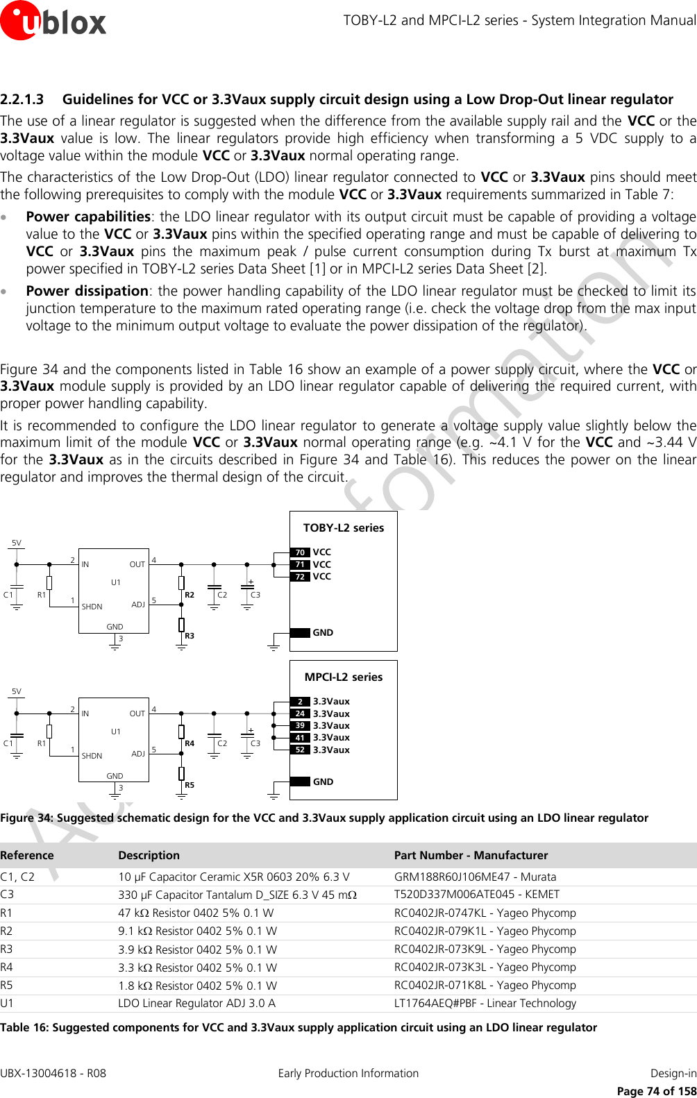 TOBY-L2 and MPCI-L2 series - System Integration Manual UBX-13004618 - R08  Early Production Information  Design-in     Page 74 of 158 2.2.1.3 Guidelines for VCC or 3.3Vaux supply circuit design using a Low Drop-Out linear regulator The use of a linear regulator is suggested when the difference from the available supply rail and the  VCC or the 3.3Vaux  value  is  low.  The  linear  regulators  provide  high  efficiency  when  transforming  a  5  VDC  supply  to  a voltage value within the module VCC or 3.3Vaux normal operating range. The characteristics of the Low Drop-Out (LDO) linear regulator connected to VCC or 3.3Vaux pins should meet the following prerequisites to comply with the module VCC or 3.3Vaux requirements summarized in Table 7:  Power capabilities: the LDO linear regulator with its output circuit must be capable of providing a voltage value to the VCC or 3.3Vaux pins within the specified operating range and must be capable of delivering to VCC  or  3.3Vaux  pins  the  maximum  peak  /  pulse  current  consumption  during  Tx  burst  at  maximum  Tx power specified in TOBY-L2 series Data Sheet [1] or in MPCI-L2 series Data Sheet [2].  Power dissipation: the power handling capability of the LDO linear regulator must be checked to limit its junction temperature to the maximum rated operating range (i.e. check the voltage drop from the max input voltage to the minimum output voltage to evaluate the power dissipation of the regulator).  Figure 34 and the components listed in Table 16 show an example of a power supply circuit, where the VCC or 3.3Vaux module supply is provided by an LDO linear regulator capable of delivering the required current, with proper power handling capability. It is recommended to configure the LDO linear regulator  to generate a voltage supply value slightly below the maximum limit of the module VCC or 3.3Vaux normal operating range (e.g. ~4.1 V for the VCC and ~3.44 V for the 3.3Vaux  as  in the circuits described  in  Figure 34 and  Table  16). This reduces  the  power on the  linear regulator and improves the thermal design of the circuit.  5VC1 R1IN OUTADJGND12453C2R2R3U1SHDNTOBY-L2 series71 VCC72 VCC70 VCCGNDC35VC1 R1IN OUTADJGND12453C2R4R5U1SHDNMPCI-L2 seriesGNDC324 3.3Vaux39 3.3Vaux23.3Vaux41 3.3Vaux52 3.3Vaux Figure 34: Suggested schematic design for the VCC and 3.3Vaux supply application circuit using an LDO linear regulator Reference Description Part Number - Manufacturer C1, C2 10 µF Capacitor Ceramic X5R 0603 20% 6.3 V GRM188R60J106ME47 - Murata C3 330 µF Capacitor Tantalum D_SIZE 6.3 V 45 m T520D337M006ATE045 - KEMET R1 47 k Resistor 0402 5% 0.1 W RC0402JR-0747KL - Yageo Phycomp R2 9.1 k Resistor 0402 5% 0.1 W RC0402JR-079K1L - Yageo Phycomp R3 3.9 k Resistor 0402 5% 0.1 W RC0402JR-073K9L - Yageo Phycomp R4 3.3 k Resistor 0402 5% 0.1 W RC0402JR-073K3L - Yageo Phycomp R5 1.8 k Resistor 0402 5% 0.1 W RC0402JR-071K8L - Yageo Phycomp U1 LDO Linear Regulator ADJ 3.0 A LT1764AEQ#PBF - Linear Technology Table 16: Suggested components for VCC and 3.3Vaux supply application circuit using an LDO linear regulator 