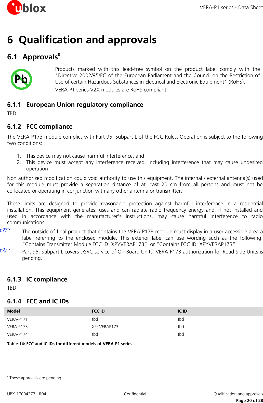 VERA-P1 series - Data Sheet UBX-17004377 - R04 Confidential  Qualification and approvals     Page 20 of 28 6 Qualification and approvals 6.1 Approvals8  Products  marked  with  this  lead-free  symbol  on  the  product  label  comply  with  the &quot;Directive 2002/95/EC of the European Parliament and the Council on the Restriction of Use of certain Hazardous Substances in Electrical and Electronic Equipment&quot; (RoHS). VERA-P1 series V2X modules are RoHS compliant. 6.1.1 European Union regulatory compliance TBD 6.1.2 FCC compliance The VERA-P173 module complies with Part 95, Subpart L of the FCC Rules. Operation is subject to the following two conditions: 1. This device may not cause harmful interference, and 2. This  device  must  accept  any  interference  received,  including  interference  that  may  cause  undesired operation. Non authorized modification could void authority to use this equipment. The internal / external antenna(s) used for  this  module  must  provide  a  separation  distance  of  at  least  20  cm  from  all  persons  and  must  not  be  co-located or operating in conjunction with any other antenna or transmitter. These  limits  are  designed  to  provide  reasonable  protection  against  harmful  interference  in  a  residential installation.  This  equipment  generates,  uses  and  can  radiate  radio  frequency  energy  and,  if  not  installed  and used  in  accordance  with  the  manufacturer’s  instructions,  may  cause  harmful  interference  to  radio communications.  The outside of final product that contains the VERA-P173 module must display in a user accessible area a label  referring  to  the  enclosed  module.  This  exterior  label  can  use  wording  such  as  the  following: “Contains Transmitter Module FCC ID: XPYVERAP173”  or “Contains FCC ID: XPYVERAP173”.  Part 95, Subpart L covers DSRC service of On-Board Units. VERA-P173 authorization for Road Side Units is pending.  6.1.3 IC compliance TBD 6.1.4 FCC and IC IDs Model FCC ID IC ID VERA-P171 tbd tbd VERA-P173 XPYVERAP173 tbd VERA-P174 tbd tbd Table 14: FCC and IC IDs for different models of VERA-P1 series                                                       8 These approvals are pending.  