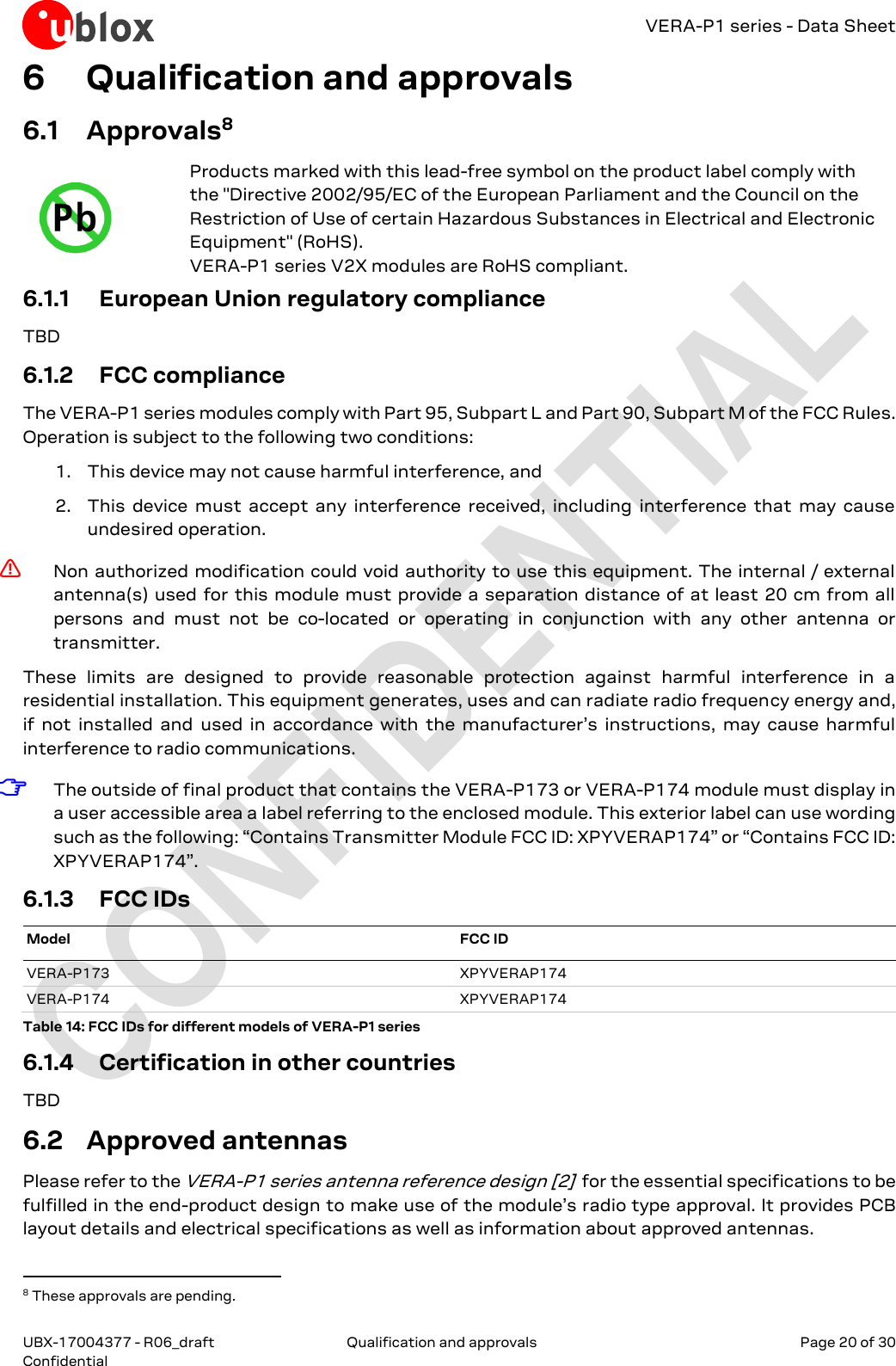 VERA-P1 series - Data Sheet UBX-17004377 - R06_draft  Qualification and approvals   Page 20 of 30 Confidential     6 Qualification and approvals 6.1 Approvals8  Products marked with this lead-free symbol on the product label comply with the &quot;Directive 2002/95/EC of the European Parliament and the Council on the Restriction of Use of certain Hazardous Substances in Electrical and Electronic Equipment&quot; (RoHS). VERA-P1 series V2X modules are RoHS compliant. 6.1.1 European Union regulatory compliance TBD 6.1.2 FCC compliance The VERA-P1 series modules comply with Part 95, Subpart L and Part 90, Subpart M of the FCC Rules. Operation is subject to the following two conditions: 1. This device may not cause harmful interference, and 2. This  device  must  accept  any  interference  received,  including  interference  that  may  cause undesired operation. ⚠ Non authorized modification could void authority to use this equipment. The internal / external antenna(s) used for this module must provide a  separation distance of at least  20 cm from all persons  and  must  not  be  co-located  or  operating  in  conjunction  with  any  other  antenna  or transmitter. These  limits  are  designed  to  provide  reasonable  protection  against  harmful  interference  in  a residential installation. This equipment generates, uses and can radiate radio frequency energy and, if  not  installed  and  used  in  accordance  with  the  manufacturer’s  instructions,  may  cause  harmful interference to radio communications. ☞ The outside of final product that contains the VERA-P173 or VERA-P174 module must display in a user accessible area a label referring to the enclosed module. This exterior label can use wording such as the following: “Contains Transmitter Module FCC ID: XPYVERAP174” or “Contains FCC ID: XPYVERAP174”. 6.1.3 FCC IDs Model FCC ID VERA-P173 XPYVERAP174 VERA-P174 XPYVERAP174 Table 14: FCC IDs for different models of VERA-P1 series 6.1.4 Certification in other countries TBD 6.2 Approved antennas Please refer to the VERA-P1 series antenna reference design [2]  for the essential specifications to be fulfilled in the end-product design to make use of the module’s radio type approval. It provides PCB layout details and electrical specifications as well as information about approved antennas.                                                                  8 These approvals are pending.  