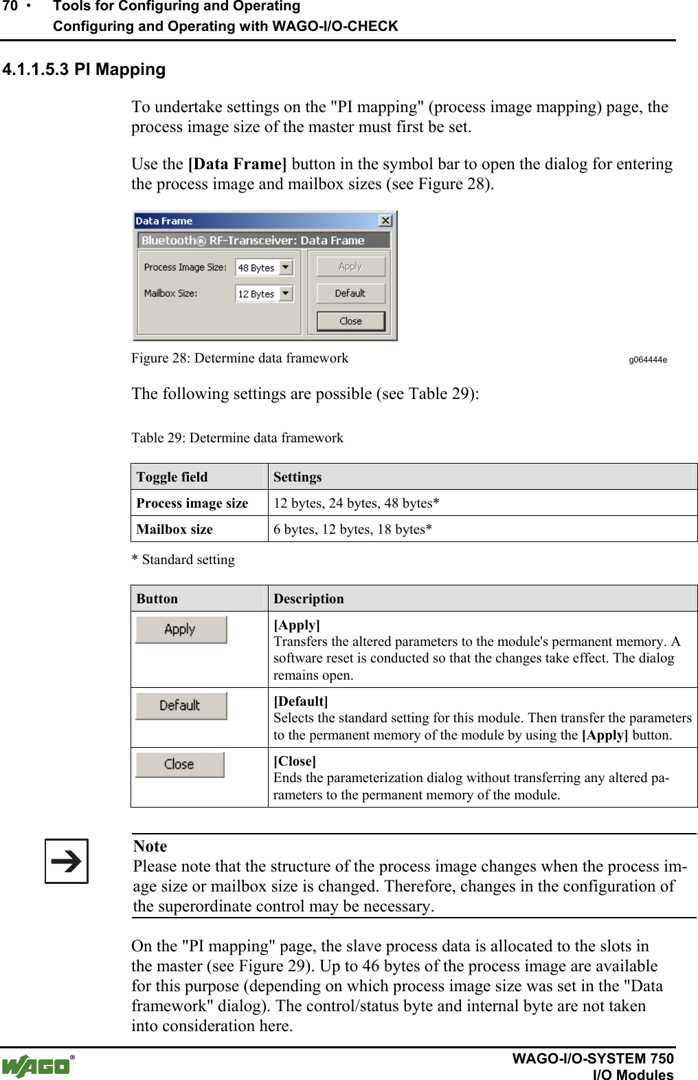 70  •    Tools for Configuring and Operating       Configuring and Operating with WAGO-I/O-CHECK       WAGO-I/O-SYSTEM 750   I/O Modules 4.1.1.5.3 PI Mapping To undertake settings on the &quot;PI mapping&quot; (process image mapping) page, the process image size of the master must first be set. Use the [Data Frame] button in the symbol bar to open the dialog for entering the process image and mailbox sizes (see Figure 28).   Figure 28: Determine data framework  g064444e The following settings are possible (see Table 29): Table 29: Determine data framework Toggle field  Settings Process image size  12 bytes, 24 bytes, 48 bytes* Mailbox size  6 bytes, 12 bytes, 18 bytes* * Standard setting  Button  Description  [Apply] Transfers the altered parameters to the module&apos;s permanent memory. A software reset is conducted so that the changes take effect. The dialog remains open.  [Default]  Selects the standard setting for this module. Then transfer the parameters to the permanent memory of the module by using the [Apply] button.  [Close] Ends the parameterization dialog without transferring any altered pa-rameters to the permanent memory of the module.    Note Please note that the structure of the process image changes when the process im-age size or mailbox size is changed. Therefore, changes in the configuration of the superordinate control may be necessary. On the &quot;PI mapping&quot; page, the slave process data is allocated to the slots in the master (see Figure 29). Up to 46 bytes of the process image are available for this purpose (depending on which process image size was set in the &quot;Data framework&quot; dialog). The control/status byte and internal byte are not taken into consideration here. 