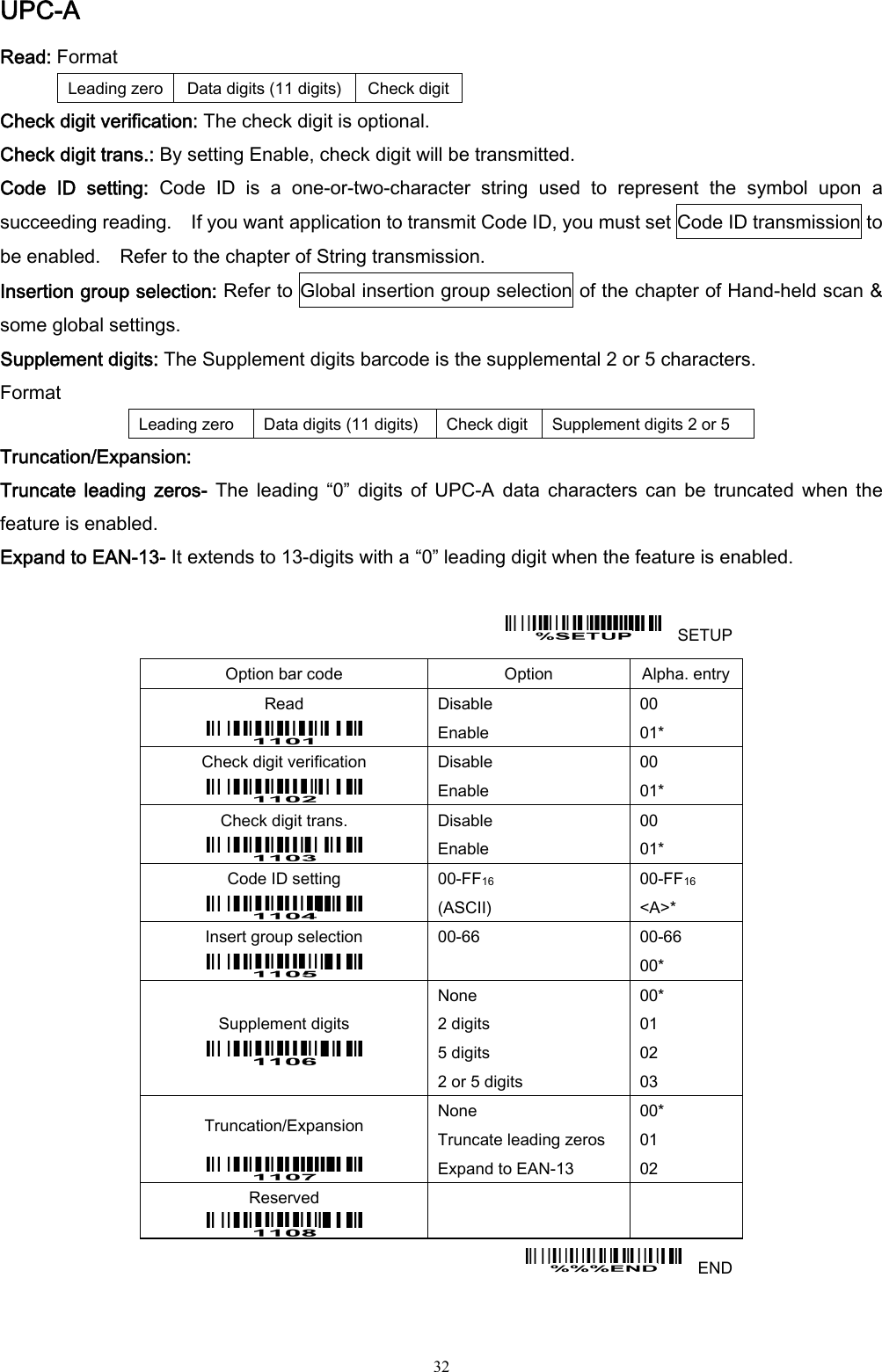  32 UPC-A Read: Format Leading zero  Data digits (11 digits)  Check digitCheck digit verification: The check digit is optional. Check digit trans.: By setting Enable, check digit will be transmitted. Code  ID  setting:  Code  ID  is  a  one-or-two-character  string  used  to  represent  the  symbol  upon  a succeeding reading.    If you want application to transmit Code ID, you must set Code ID transmission to be enabled.    Refer to the chapter of String transmission. Insertion group selection: Refer to Global insertion group selection of the chapter of Hand-held scan &amp; some global settings. Supplement digits: The Supplement digits barcode is the supplemental 2 or 5 characters. Format Leading zero  Data digits (11 digits)  Check digit Supplement digits 2 or 5 Truncation/Expansion: Truncate  leading  zeros-  The  leading  “0”  digits  of  UPC-A  data  characters  can  be  truncated  when  the feature is enabled. Expand to EAN-13- It extends to 13-digits with a “0” leading digit when the feature is enabled.      SETUP Option bar code  Option  Alpha. entry Read  Disable Enable 00 01* Check digit verification  Disable Enable 00 01* Check digit trans.  Disable Enable 00 01* Code ID setting  00-FF16  (ASCII) 00-FF16 &lt;A&gt;* Insert group selection  00-66  00-66 00* Supplement digits  None 2 digits 5 digits 2 or 5 digits 00* 01 02 03 Truncation/Expansion  None Truncate leading zeros Expand to EAN-13 00* 01 02 Reserved      END 