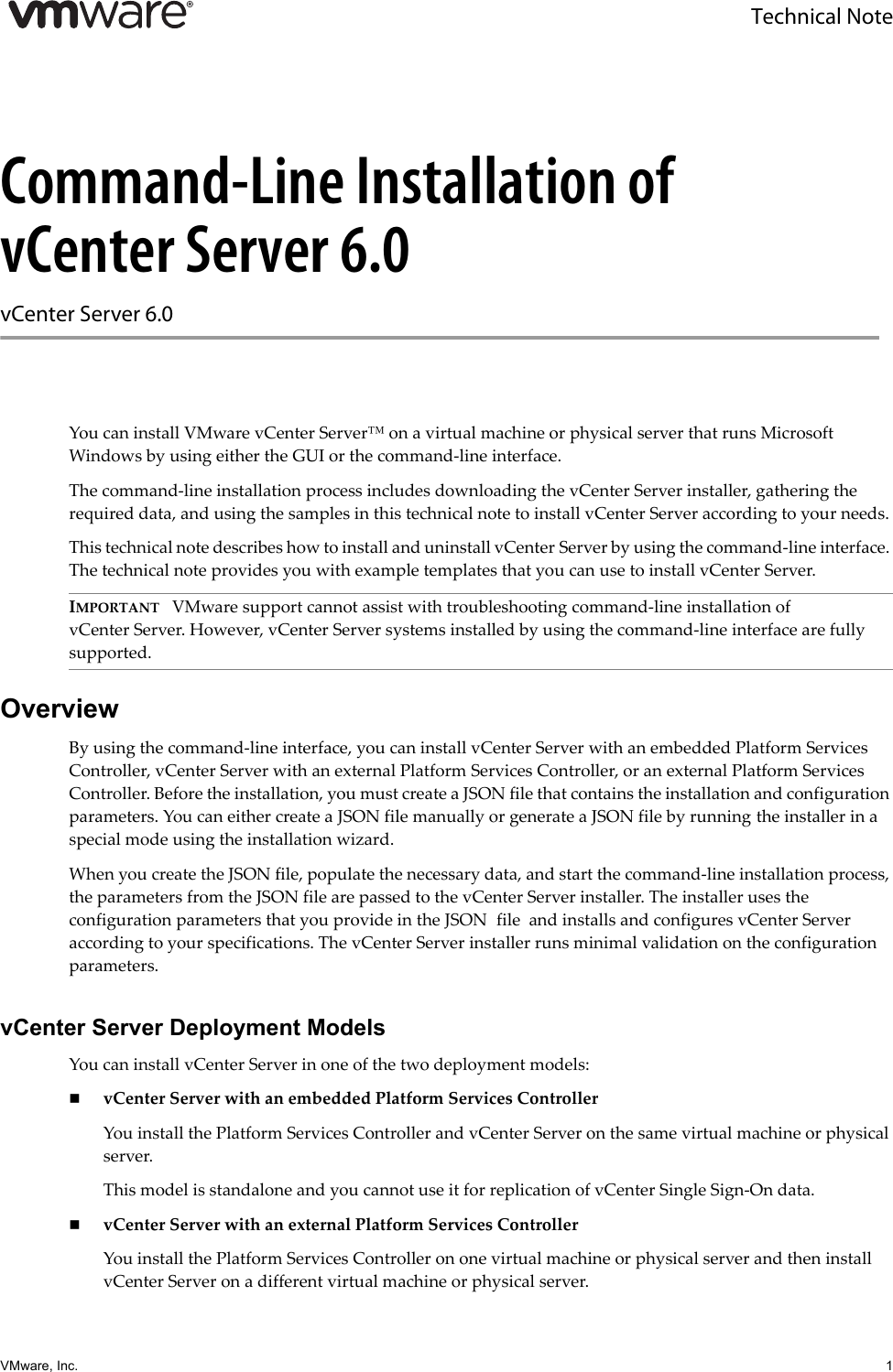 Page 1 of 11 - Vmware Command-Line Installation And Upgrade Of VCenter Server 5.5 V Center - 6.0 Vsphere-60-vcenter-server-windows-cmdline-install-en