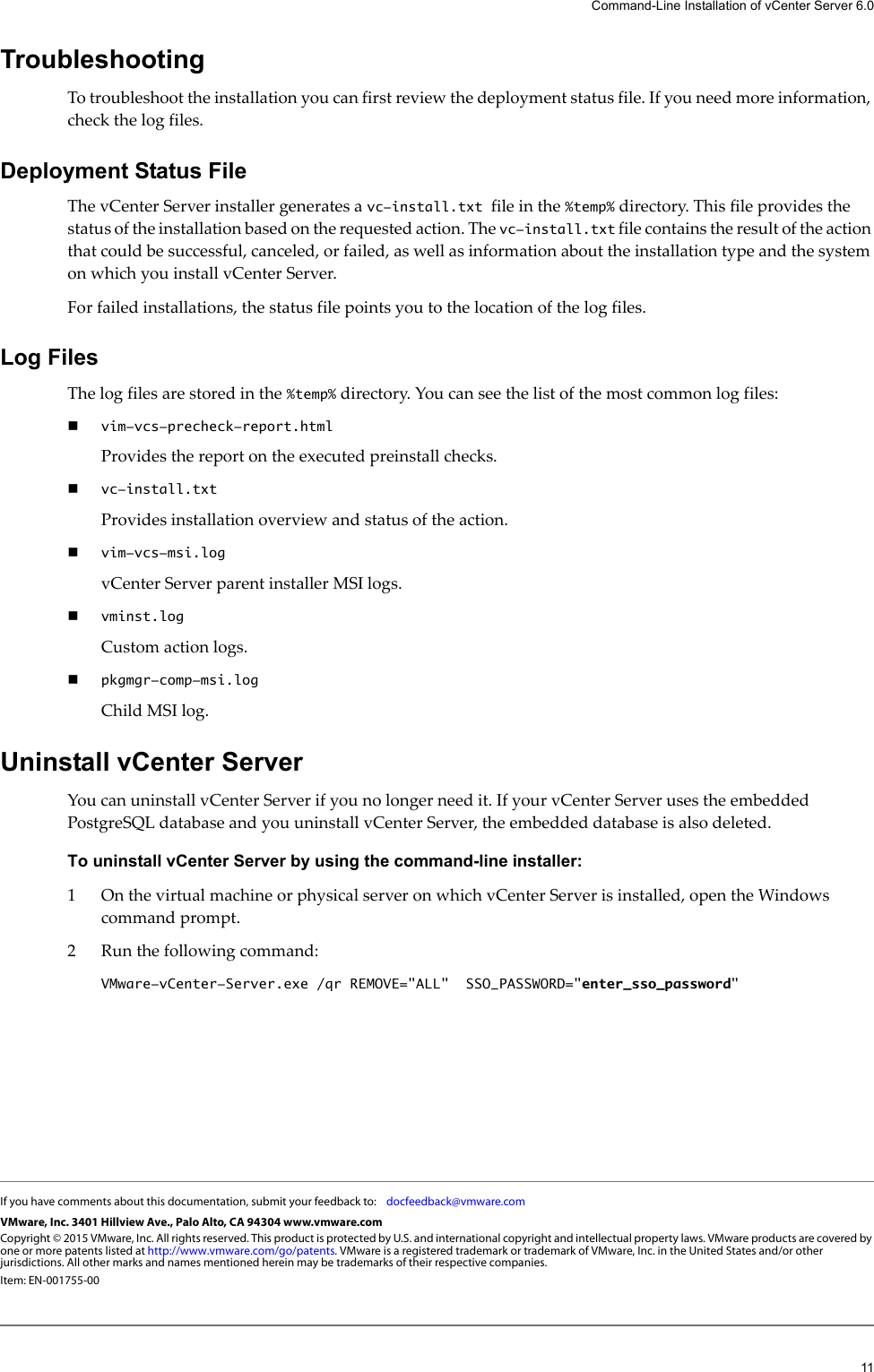 Page 11 of 11 - Vmware Command-Line Installation And Upgrade Of VCenter Server 5.5 V Center - 6.0 Vsphere-60-vcenter-server-windows-cmdline-install-en