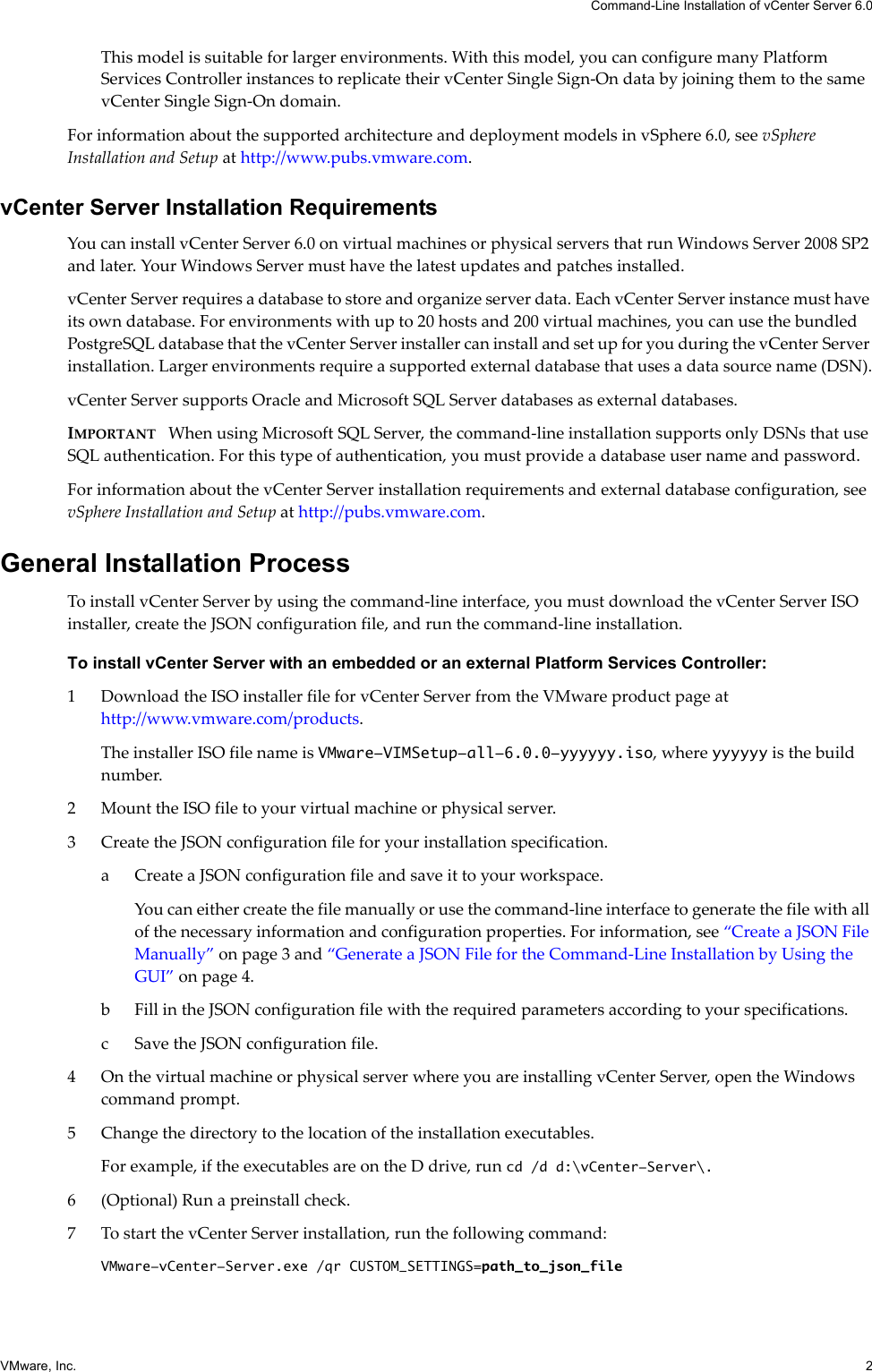Page 2 of 11 - Vmware Command-Line Installation And Upgrade Of VCenter Server 5.5 V Center - 6.0 Vsphere-60-vcenter-server-windows-cmdline-install-en