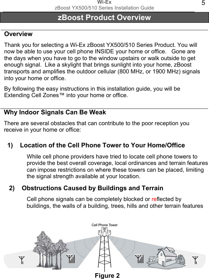Wi-Ex zBoost YX500/510 Series Installation Guide  5 zBoost Product Overview  Overview Thank you for selecting a Wi-Ex zBoost YX500/510 Series Product. You will now be able to use your cell phone INSIDE your home or office.   Gone are the days when you have to go to the window upstairs or walk outside to get enough signal.  Like a skylight that brings sunlight into your home, zBoost transports and amplifies the outdoor cellular (800 MHz, or 1900 MHz) signals into your home or office. By following the easy instructions in this installation guide, you will be Extending Cell Zones™ into your home or office.  Why Indoor Signals Can Be Weak There are several obstacles that can contribute to the poor reception you receive in your home or office:   1)    Location of the Cell Phone Tower to Your Home/Office While cell phone providers have tried to locate cell phone towers to provide the best overall coverage, local ordinances and terrain features can impose restrictions on where these towers can be placed, limiting the signal strength available at your location.    2)    Obstructions Caused by Buildings and Terrain Cell phone signals can be completely blocked or reflected by buildings, the walls of a building, trees, hills and other terrain features resulting in low signal strength.                                           Figure 2       
