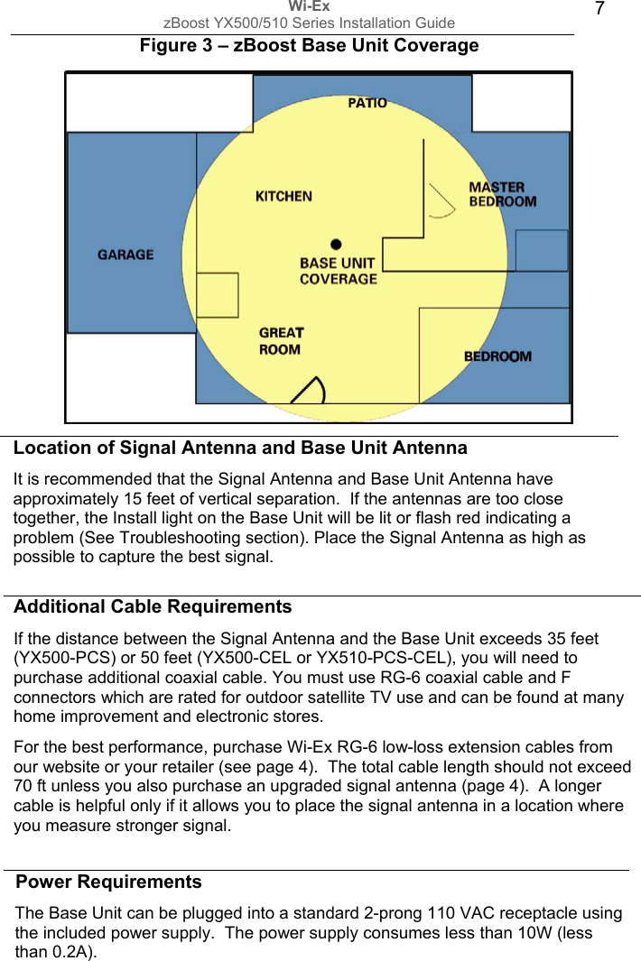 Wi-Ex zBoost YX500/510 Series Installation Guide  7 Figure 3 – zBoost Base Unit Coverage             Location of Signal Antenna and Base Unit Antenna It is recommended that the Signal Antenna and Base Unit Antenna have approximately 15 feet of vertical separation.  If the antennas are too close together, the Install light on the Base Unit will be lit or flash red indicating a problem (See Troubleshooting section). Place the Signal Antenna as high as possible to capture the best signal.  Additional Cable Requirements If the distance between the Signal Antenna and the Base Unit exceeds 35 feet (YX500-PCS) or 50 feet (YX500-CEL or YX510-PCS-CEL), you will need to purchase additional coaxial cable. You must use RG-6 coaxial cable and F connectors which are rated for outdoor satellite TV use and can be found at many home improvement and electronic stores.   For the best performance, purchase Wi-Ex RG-6 low-loss extension cables from our website or your retailer (see page 4).  The total cable length should not exceed 70 ft unless you also purchase an upgraded signal antenna (page 4).  A longer cable is helpful only if it allows you to place the signal antenna in a location where you measure stronger signal.      Power Requirements  The Base Unit can be plugged into a standard 2-prong 110 VAC receptacle using        the included power supply.  The power supply consumes less than 10W (less  than 0.2A). 
