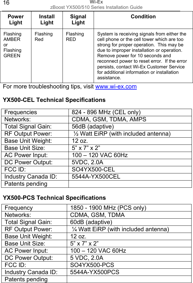 Wi-Ex zBoost YX500/510 Series Installation Guide  16Power Light Install Light Signal Light Condition Flashing AMBER or Flashing GREEN Flashing Red Flashing RED System is receiving signals from either the cell phone or the cell tower which are too strong for proper operation.  This may be due to improper installation or operation.  Remove power for 10 seconds and reconnect power to reset error.  If the error persists, contact Wi-Ex Customer Service for additional information or installation assistance. For more troubleshooting tips, visit www.wi-ex.com   YX500-CEL Technical Specifications   YX500-PCS Technical Specifications  Frequency  1850 - 1900 MHz (PCS only) Networks:  CDMA, GSM, TDMA  Total Signal Gain:  60dB (adaptive) RF Output Power:   ¼ Watt EiRP (with included antenna) Base Unit Weight:  12 oz. Base Unit Size:  5” x 7” x 2” AC Power Input:  100 – 120 VAC 60Hz DC Power Output:  5 VDC, 2.0A FCC ID:  SO4YX500-PCS Industry Canada ID:  5544A-YX500PCS Patents pending       Frequencies  824 - 896 MHz (CEL only) Networks:  CDMA, GSM, TDMA, AMPS Total Signal Gain:  56dB (adaptive) RF Output Power:   ½ Watt EiRP (with included antenna) Base Unit Weight:  12 oz. Base Unit Size:  5” x 7” x 2” AC Power Input:  100 – 120 VAC 60Hz DC Power Output:  5VDC, 2.0A FCC ID:  SO4YX500-CEL Industry Canada ID:  5544A-YX500CEL Patents pending   