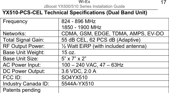 Wi-Ex zBoost YX500/510 Series Installation Guide  17 YX510-PCS-CEL Technical Specifications (Dual Band Unit)  Frequency  824 - 896 MHz 1850 - 1900 MHz                                   Networks:  CDMA, GSM, EDGE, TDMA, AMPS, EV-DO Total Signal Gain:  55 dB CEL, 62 PCS dB (Adaptive) RF Output Power:  ½ Watt EiRP (with included antenna) Base Unit Weight:  15 oz. Base Unit Size:  5” x 7” x 2” AC Power Input:  100 – 240 VAC, 47 – 63Hz  DC Power Output:  3.6 VDC, 2.0 A FCC ID:  SO4YX510 Industry Canada ID:  5544A-YX510 Patents pending                                    