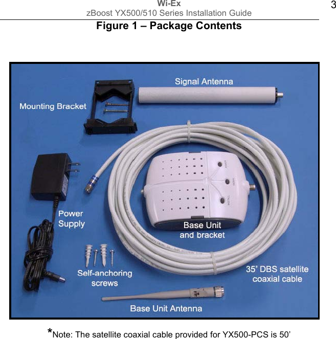 Wi-Ex zBoost YX500/510 Series Installation Guide  3 Figure 1 – Package Contents                     *Note: The satellite coaxial cable provided for YX500-PCS is 50’               